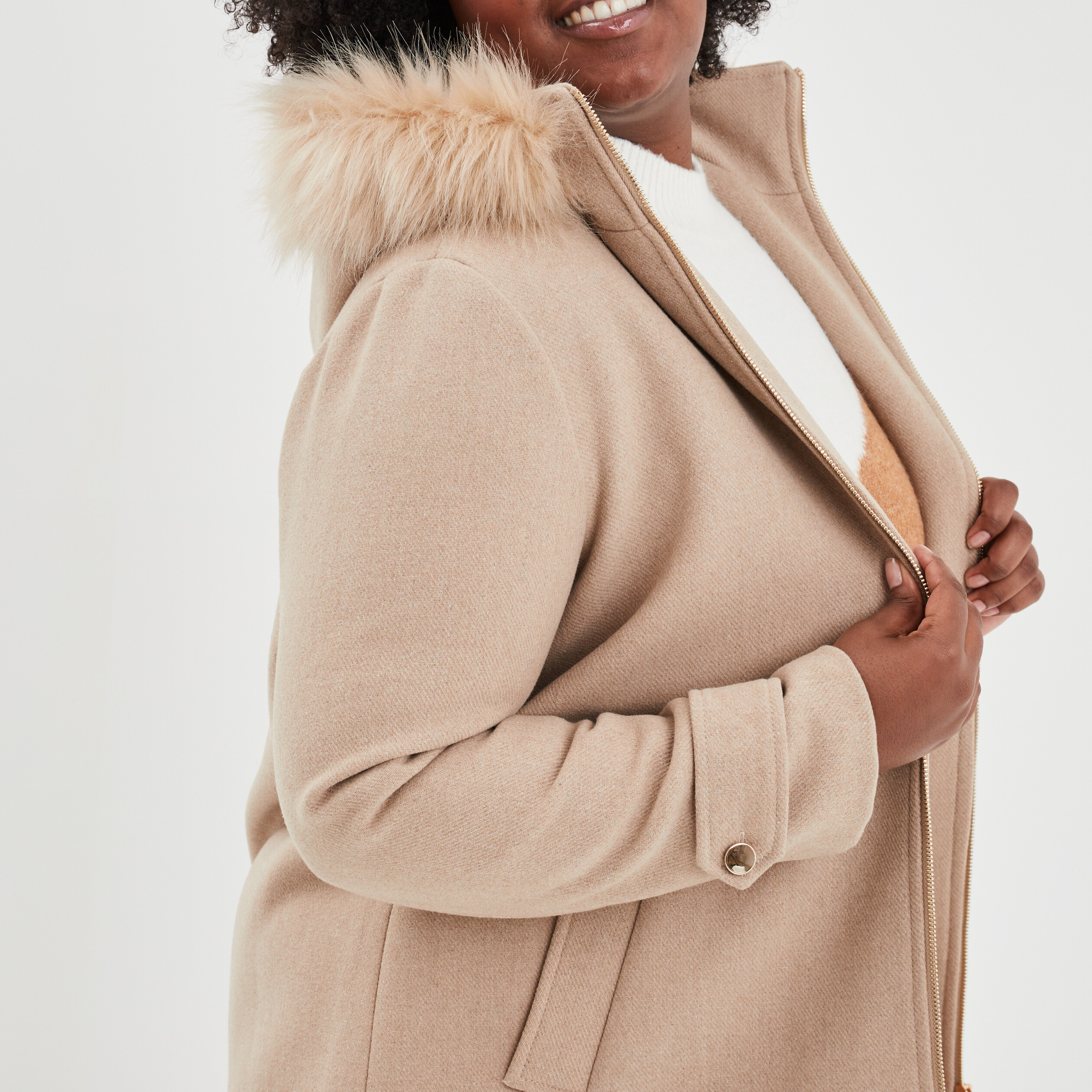 Manteau à capuche fourrure amovible beige femme grande taille | La Halle