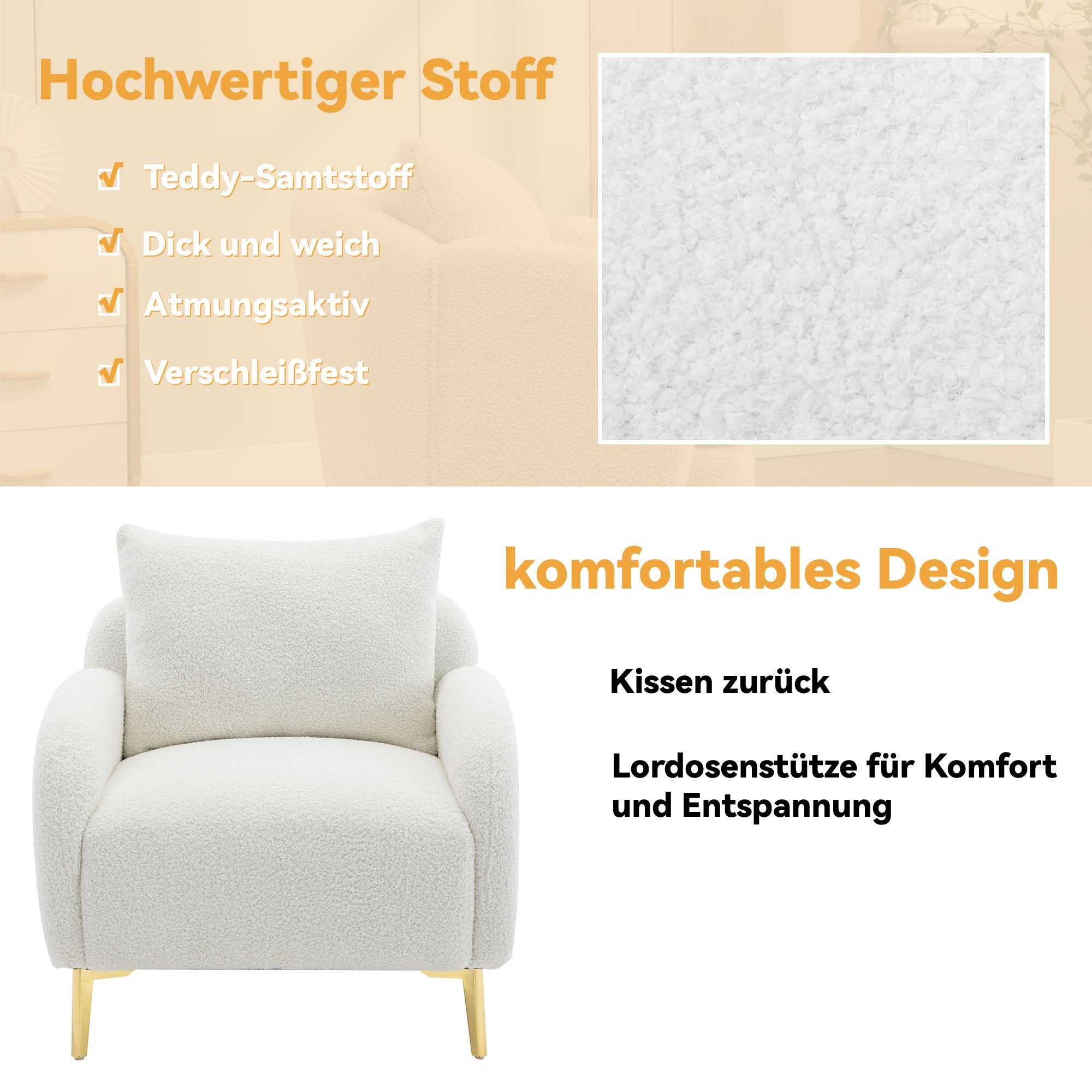 REDOM Sessel Loungesessel Polstersessel Armlehnensessel, mit Kissen (Moderner und schlichter Teddy-Samtstuhl, mit breiter Sitzfläche und tiefer Sitzfläche, roségoldene Sofabeine), extra großer Einzelsessel