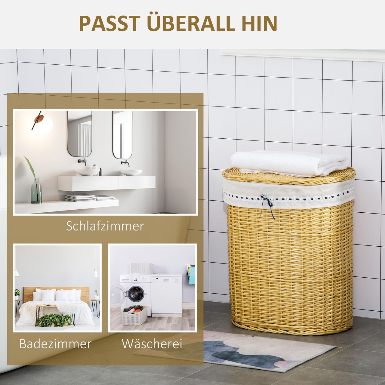 HOMCOM Wäschekorb aus Weide Weidenrute Wäschebox Wäschesammler geflochten mit Deckel Natur 100L 51 x 38 x 57 cm