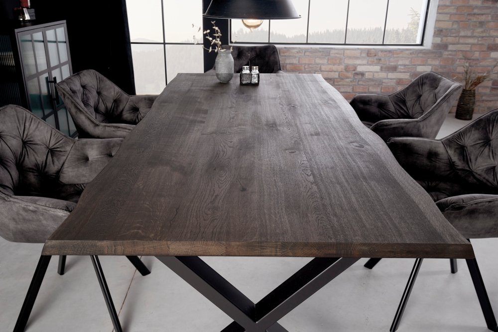 riess-ambiente Baumkantentisch WILD OAK 160cm grau (smoke finish) / schwarz (Einzelartikel, 1-St), Massivholz · Metall · X-Gestell · Wildeiche · geölt · verlängerbar