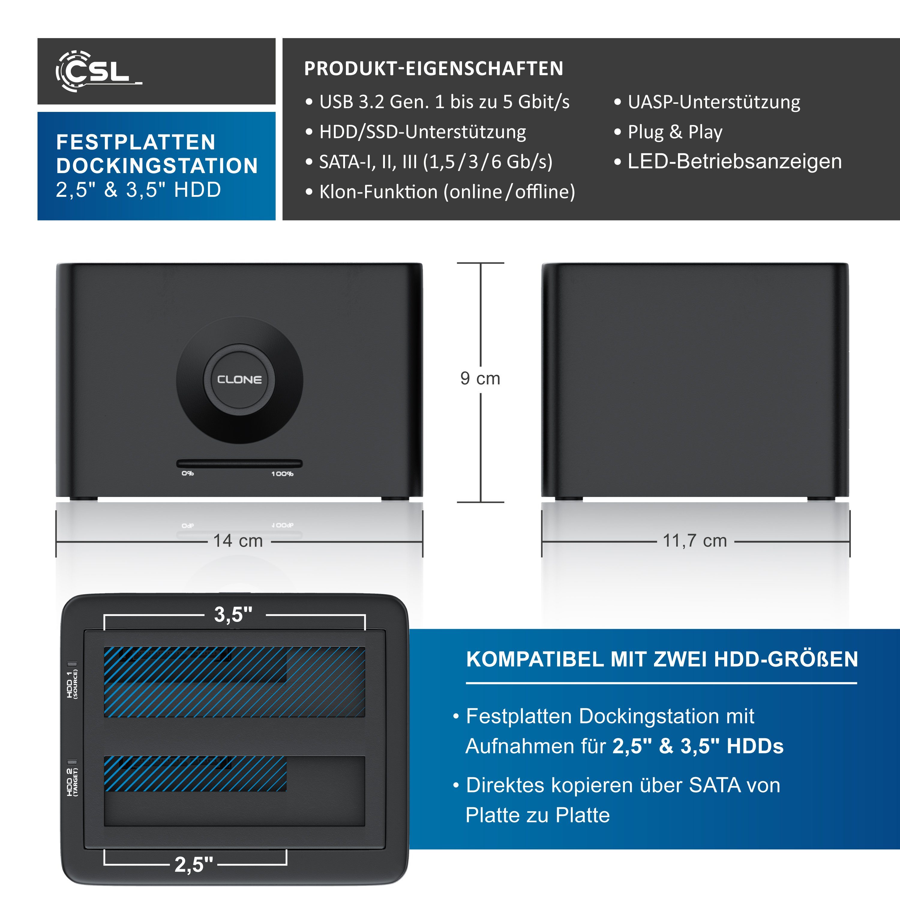 CSL Festplatten-Dockingstation, USB 3.2 Gen 1 Festplattendockingstation, Klonfunktion für 2,5
