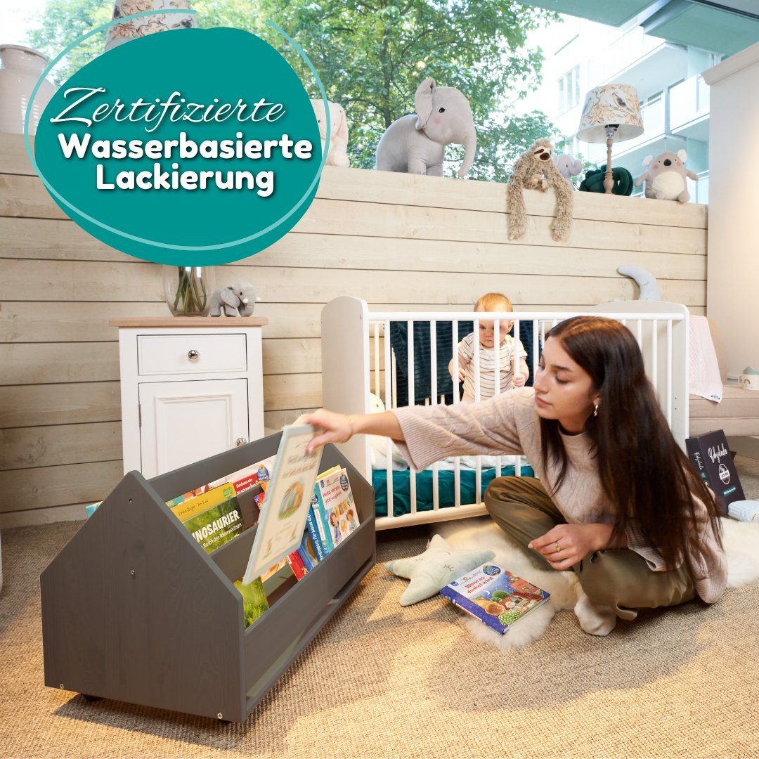 Alavya Home® Bücherregal COMET, Kinder Bücherregal I Kinderregal mit 2 Ablagen 4 Rollen 1-tlg., Aufbewahrungsregal für Bücher in Kinder-Spielzimmer aus Kieferholz