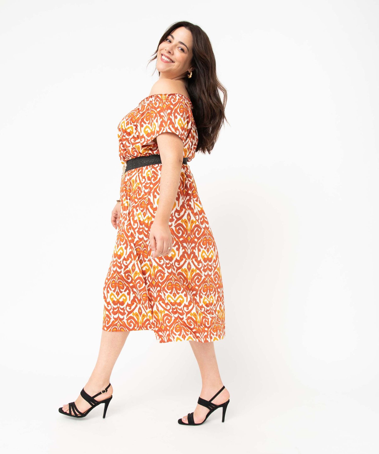Robe femme grande taille en maille extensible et col smocké imprime | GEMO