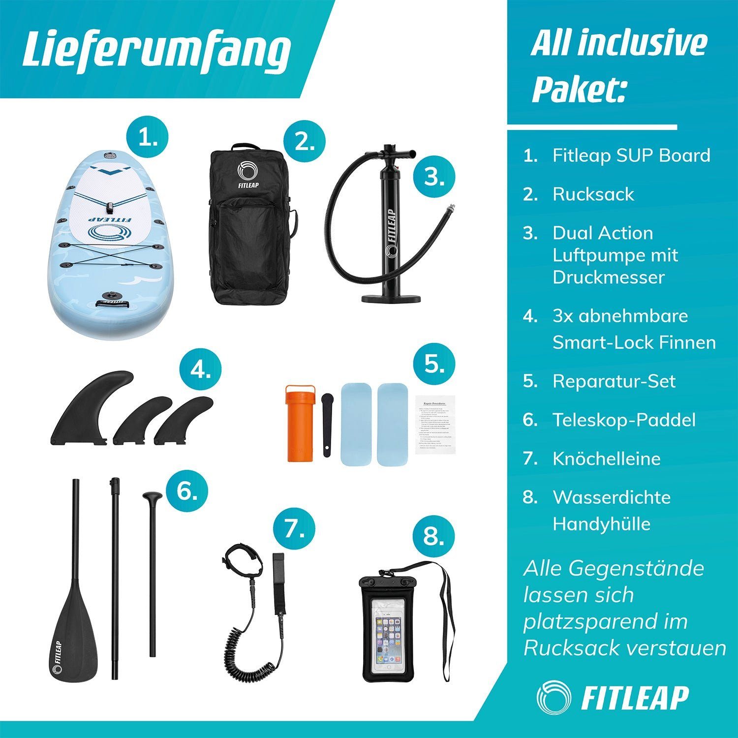 KLAMER SUP-Board Fitleap Premium Stand Up Paddle Board aufblasbar - SUP Board Set mit …