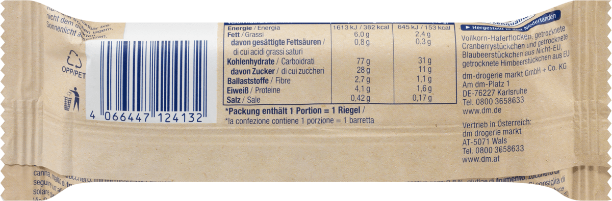 Energieriegel, Natural Energy, Vollkorn-Haferflocken, Cranberries, Himbeeren & Blaubeeren, 40 g