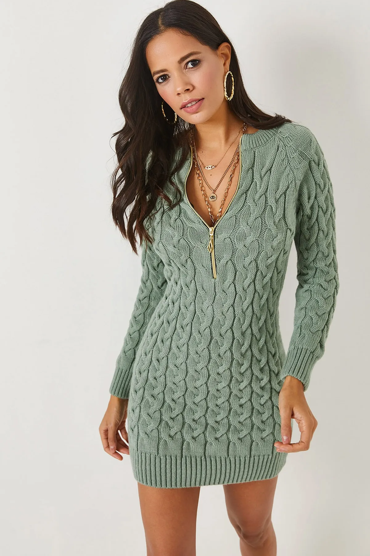 Olalook  Wassergrünes, geflochtenes Strickkleid mit Reißverschluss ELB-19001362