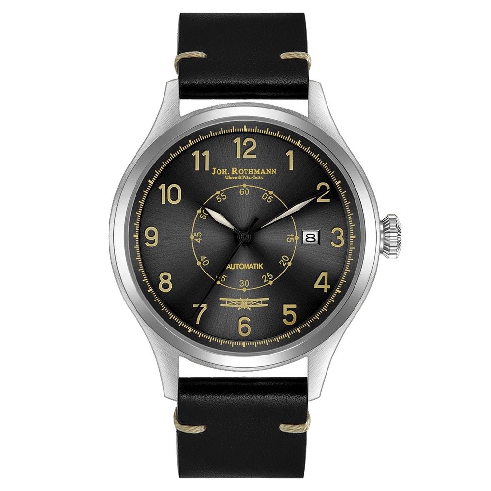 Joh. Rothmann Montre automatique Flight en Argent Cuir véritable en Noir Montre