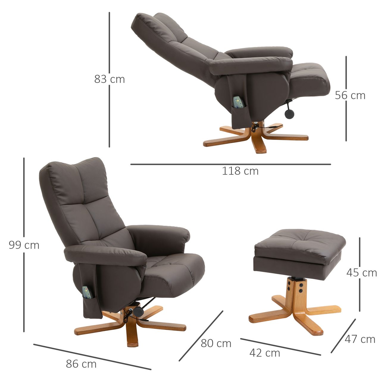 HOMCOM Relaxsessel mit Liegefunktion Massagesessel mit Fußhocker Braun