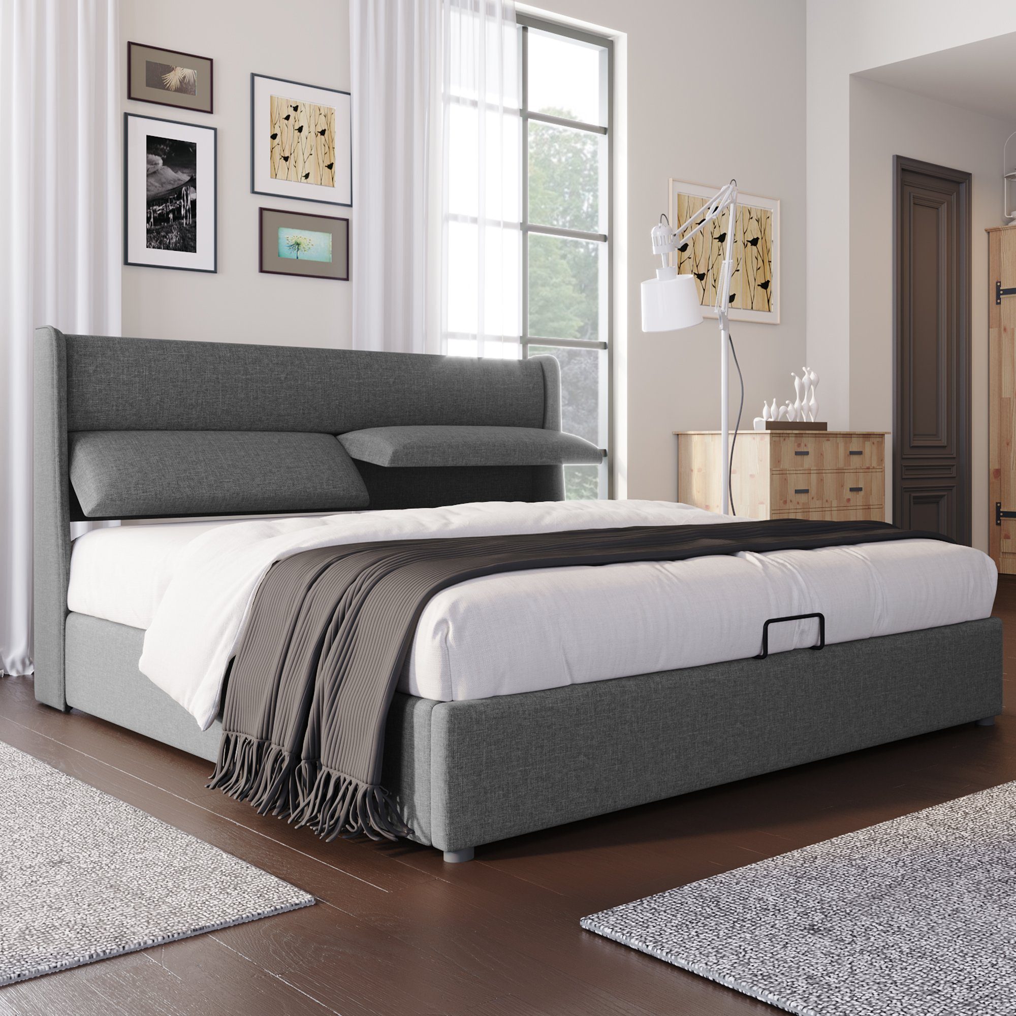 REDOM Polsterbett Doppelbett mit Verstellbare Kopfstützen (140x200 mit lattenrost(Ohne Matratze), Stauraumbetten Bettgestell aus Leinenmateria