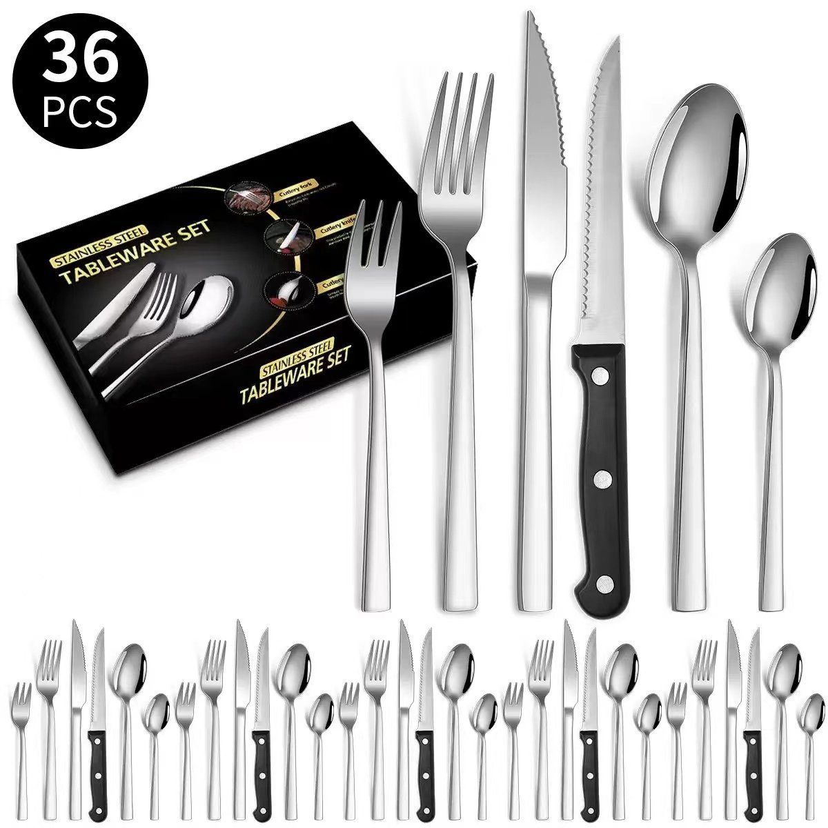 Tisoutec Besteck-Set Besteck Set für 6 Personen,36teiliges Edelstahl Essbesteck&Steakmesser, Elegantes/Modernes Besteckset,Besteck Set für Restaurant,Hotel,Zuhause