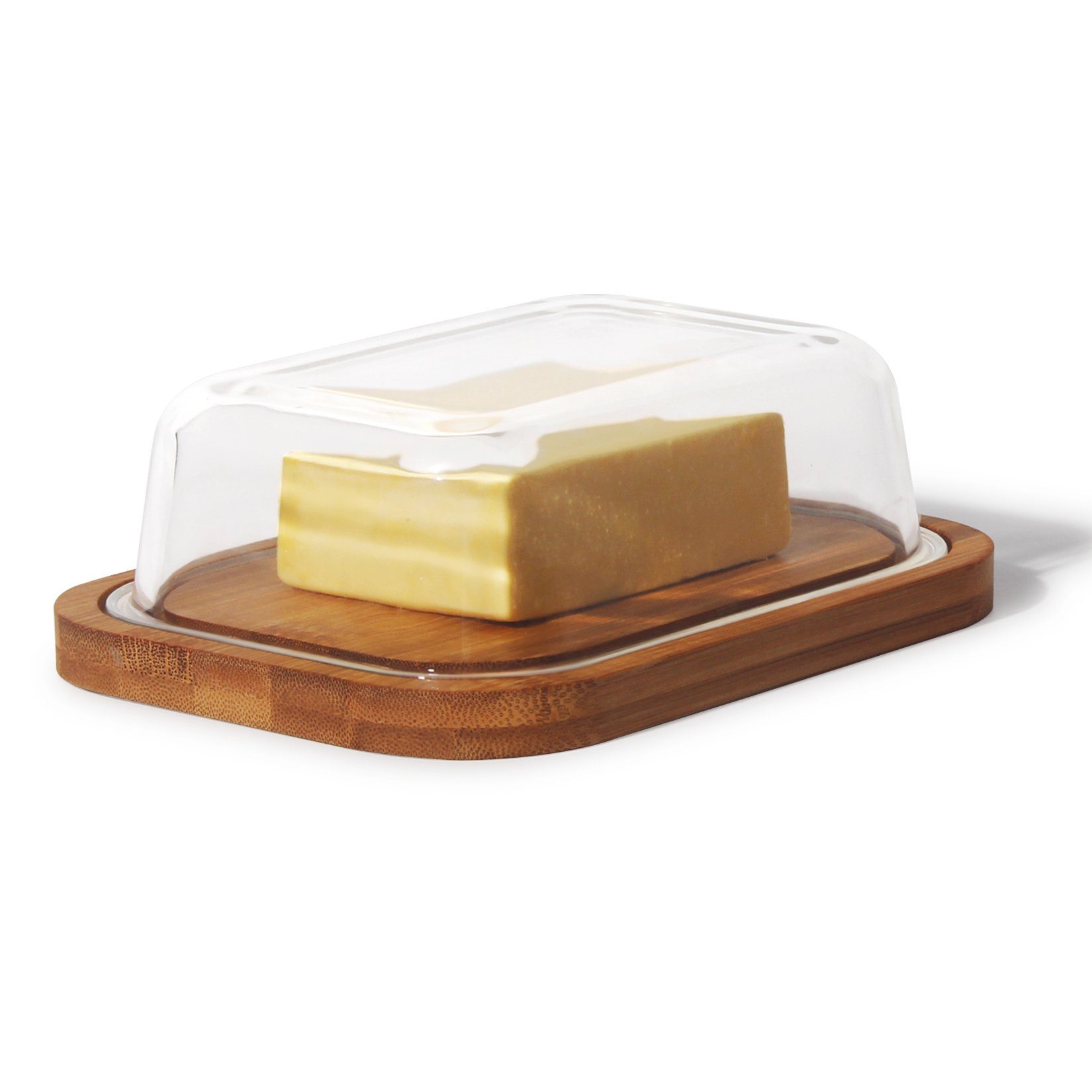Zedelmaier Butterdose Butterdose,Butterglocke für 250g Butter,mit nachhaltigem holzdeckel, (Packung, 1 x Becher, 1 x Deckel, HYH002), Butterdose aus Boraxglas & Naturdeckel aus rundem Rand
