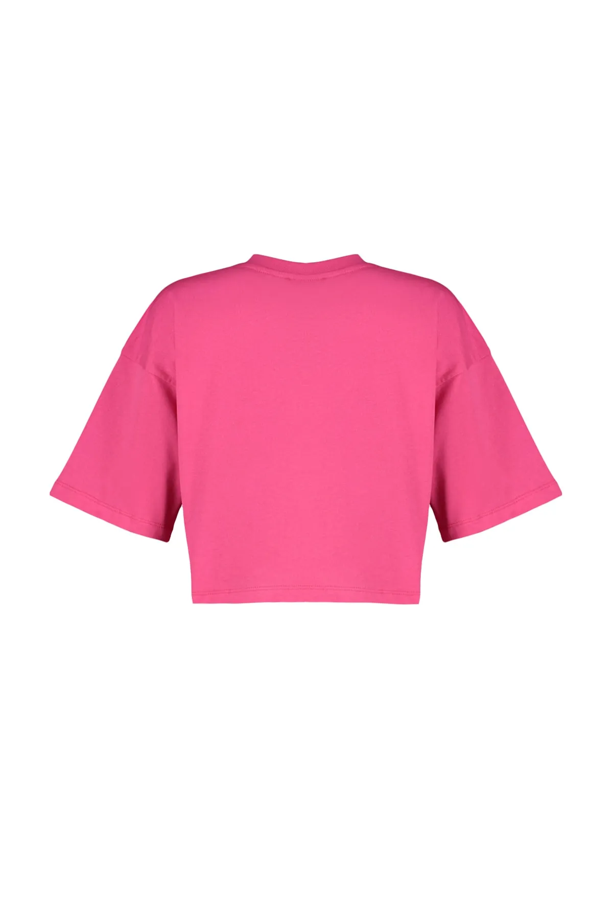 Trendyol Collection  Fuchsiafarbenes, kurz geschnittenes Premium-Strick-T-Shirt aus 100 % Baumwolle mit Rundhalsausschnitt TWOSS23TS00038
