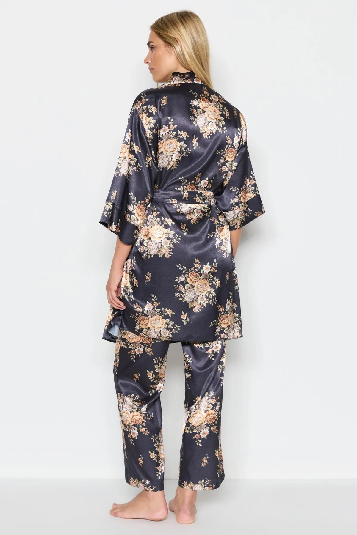 C&City  045 Gemustertes 3-teiliges Satin-Pyjama-Set für Damen Schwarz/Gelb