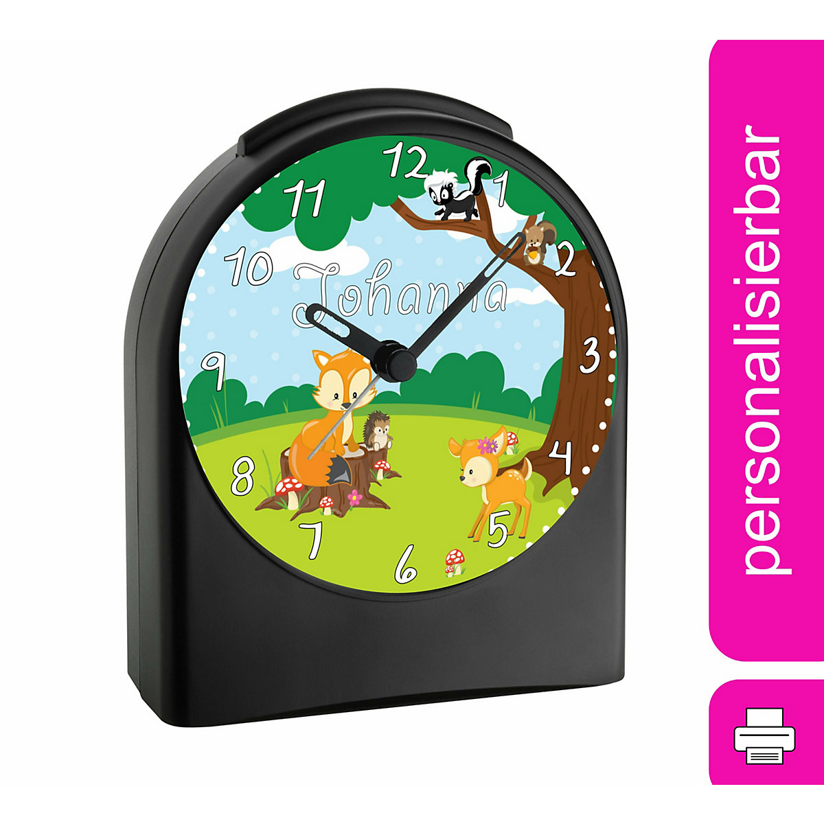 Kinder Funkwecker personalisiert mit Namen Waldtiere Atom-/Funkuhr, 12-Stunden-Anzeigeformat, Schlummerfunktion, Nachtlicht, Geräuschlos/Ohne Ticken