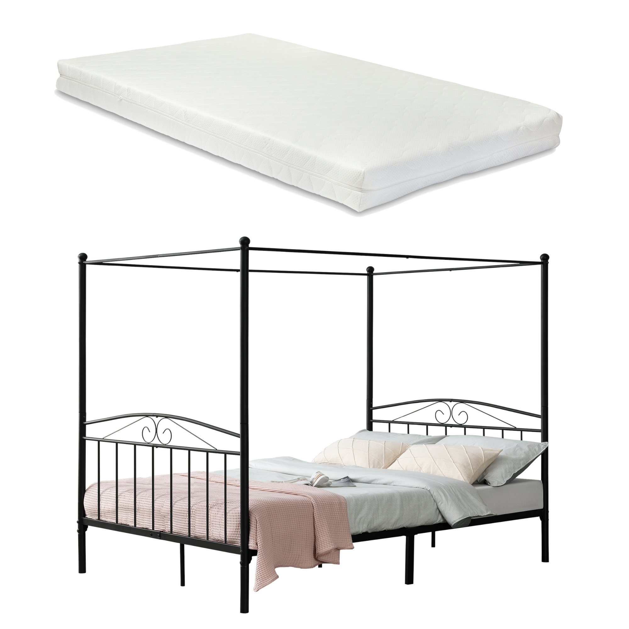 en.casa Himmelbett, Tournai Doppelbett mit Matratze 180x200cm