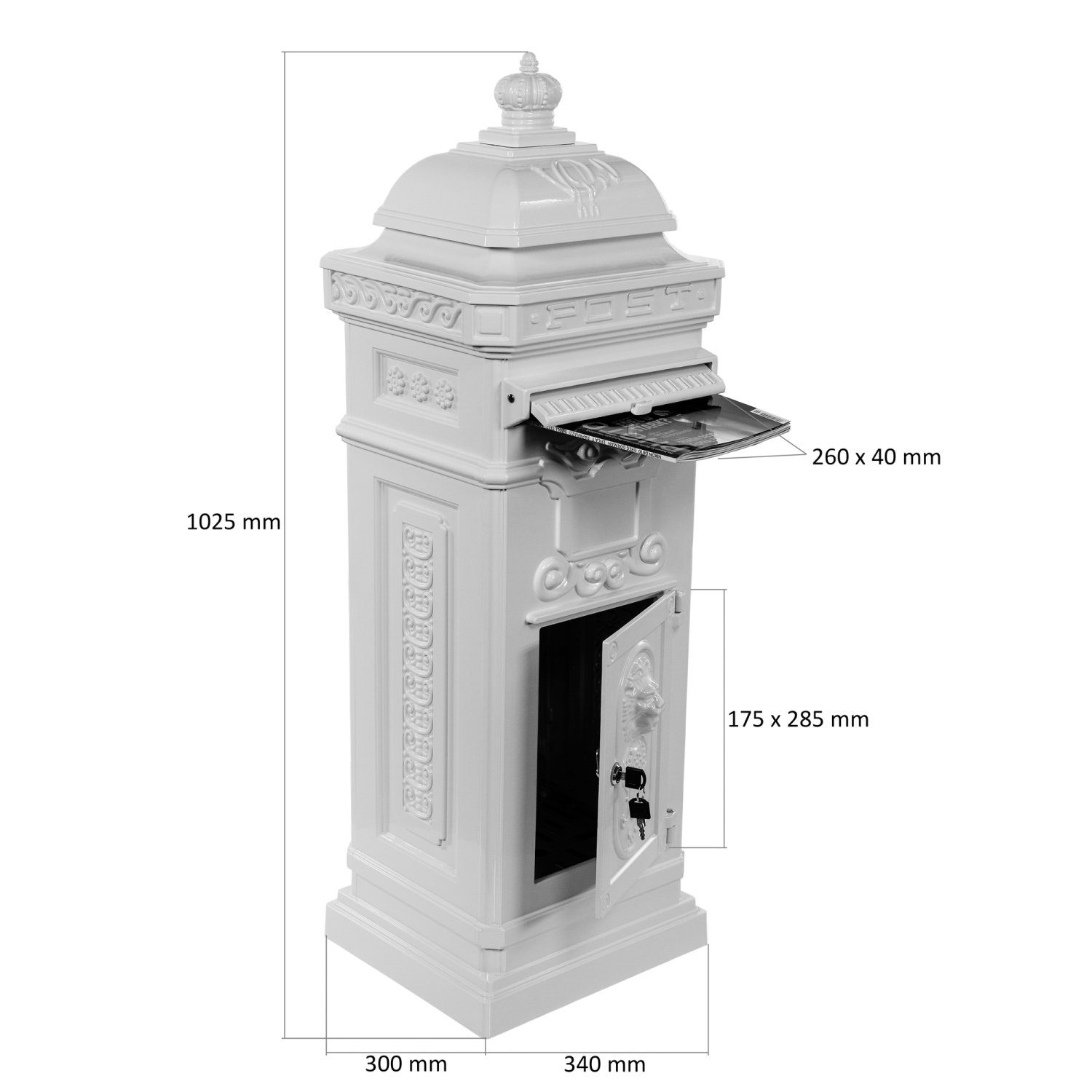 STILISTA Briefkasten Antiker englischer Standbriefkasten (inkl. 2 Schlüssel), Säulenbriefkasten, 102,5 cm, Guss-Aluminium, wetterfest, Farbwahl
