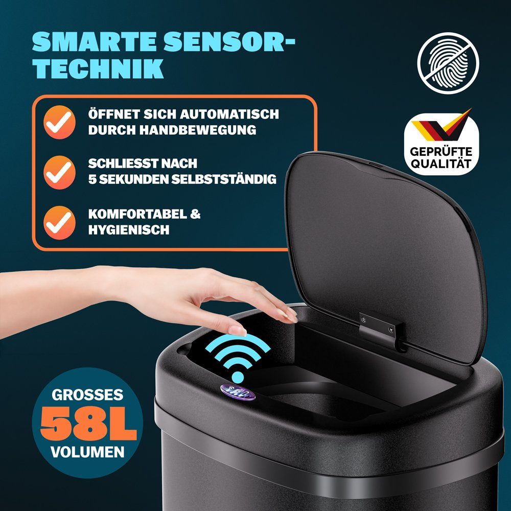 monzana Mülleimer, 58 L Automatik Sensor Mülleimer LED Display Müllbehälter berührungslos