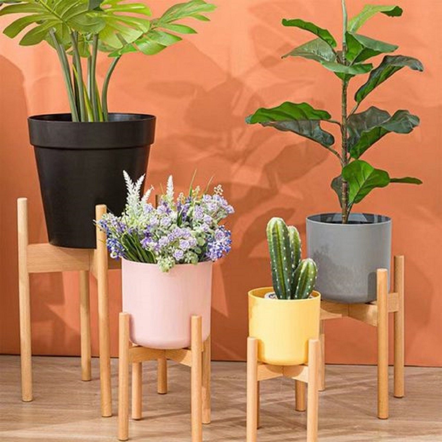 Kpaloft Blumenständer 3er Set Pflanzenregal Buchenholz, Blumenständer höhenverstellbar, Wohnung & draußen, Pflanzenständer