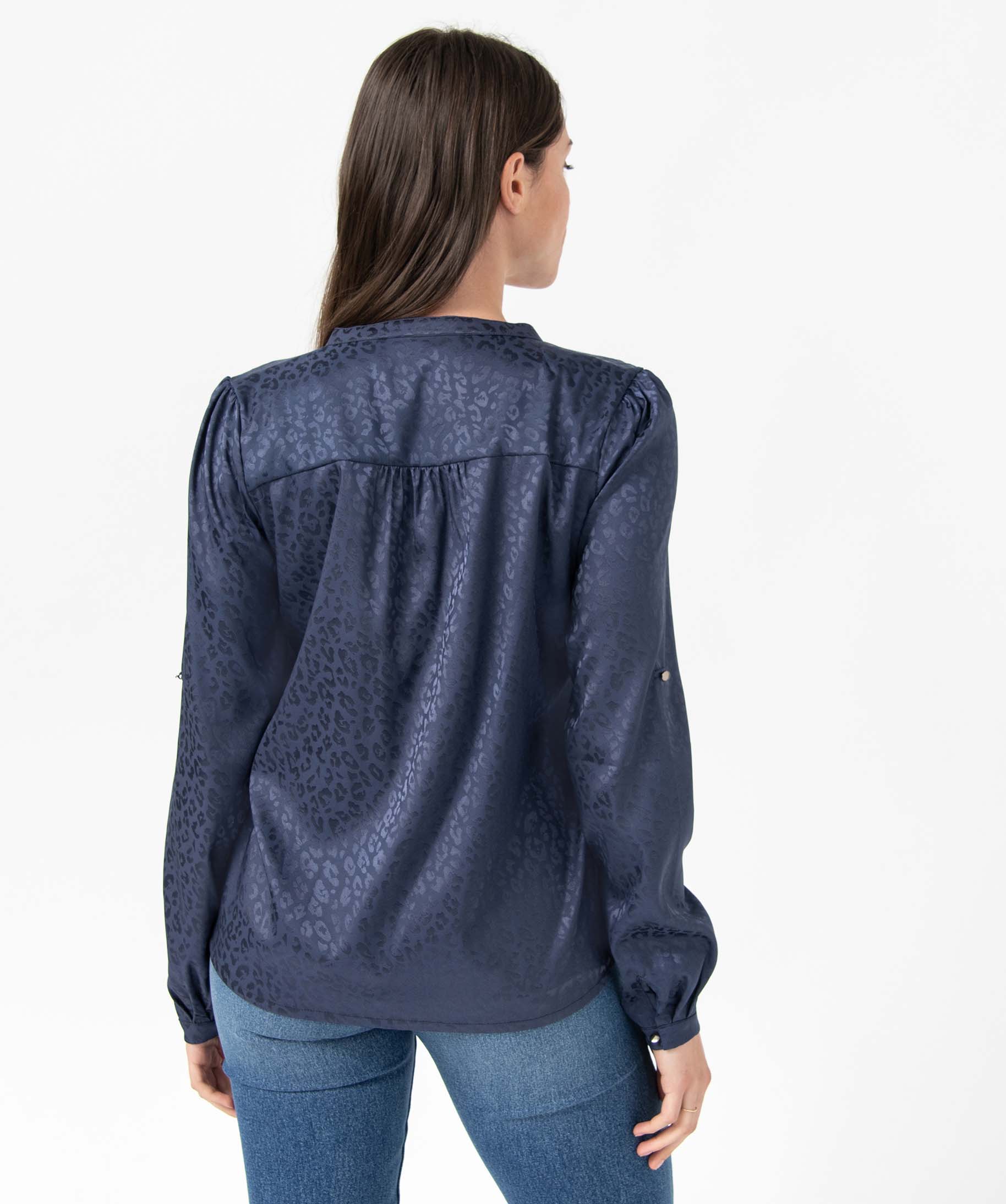 Blouse femme satinée avec manches retroussables bleu | GEMO