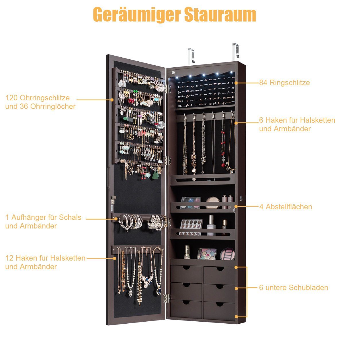 COSTWAY Schmuckschrank mit LED & Ganzkörperspiegel, für Tür und Wand