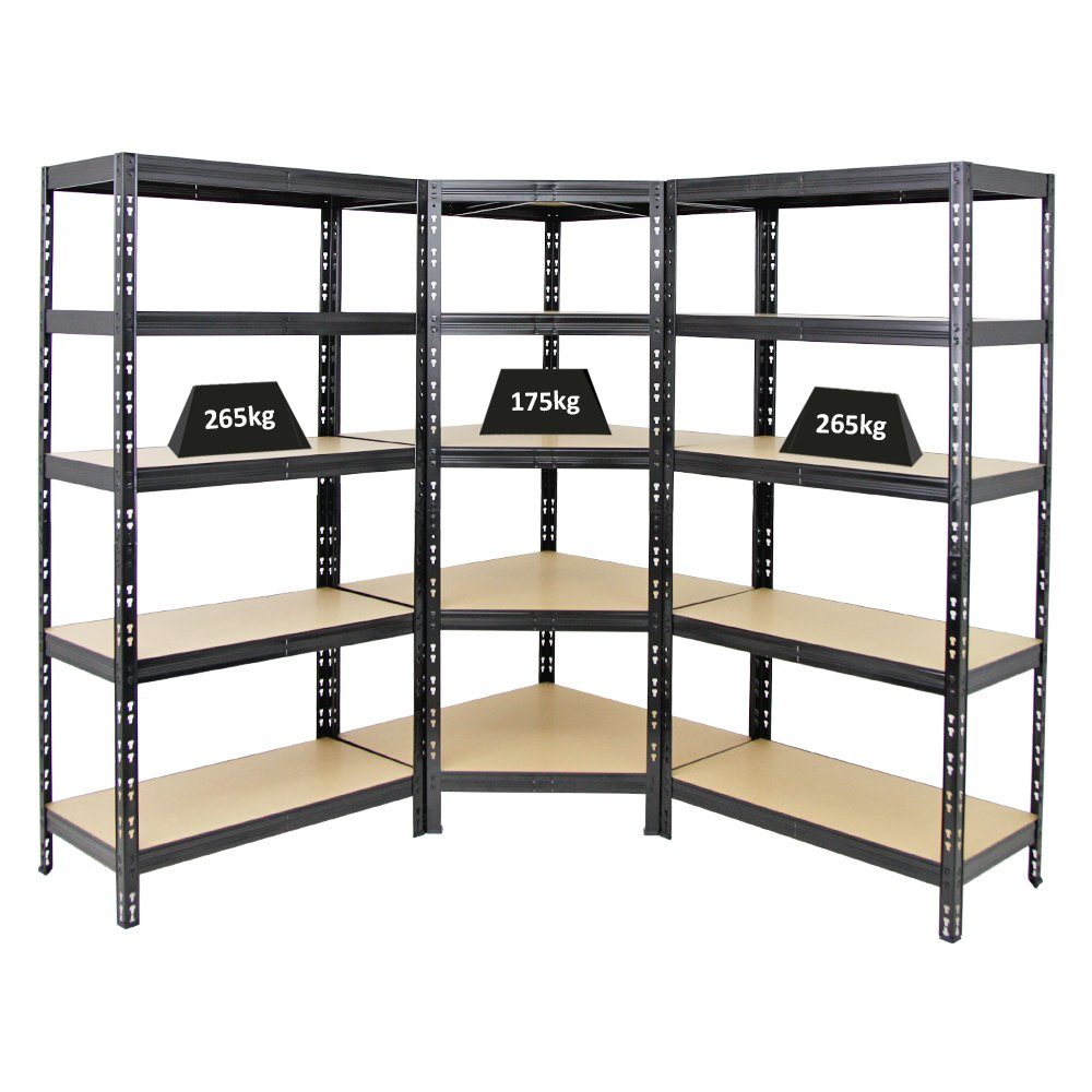 PROREGAL® Eckregal Mega Deal Tiger, 1x Eckregal + 2x Schwerlastregal 180x90x45cm, Schwarz, Fachlast von 175 kg beim Eckregal und 265 kg bei den Standregalen