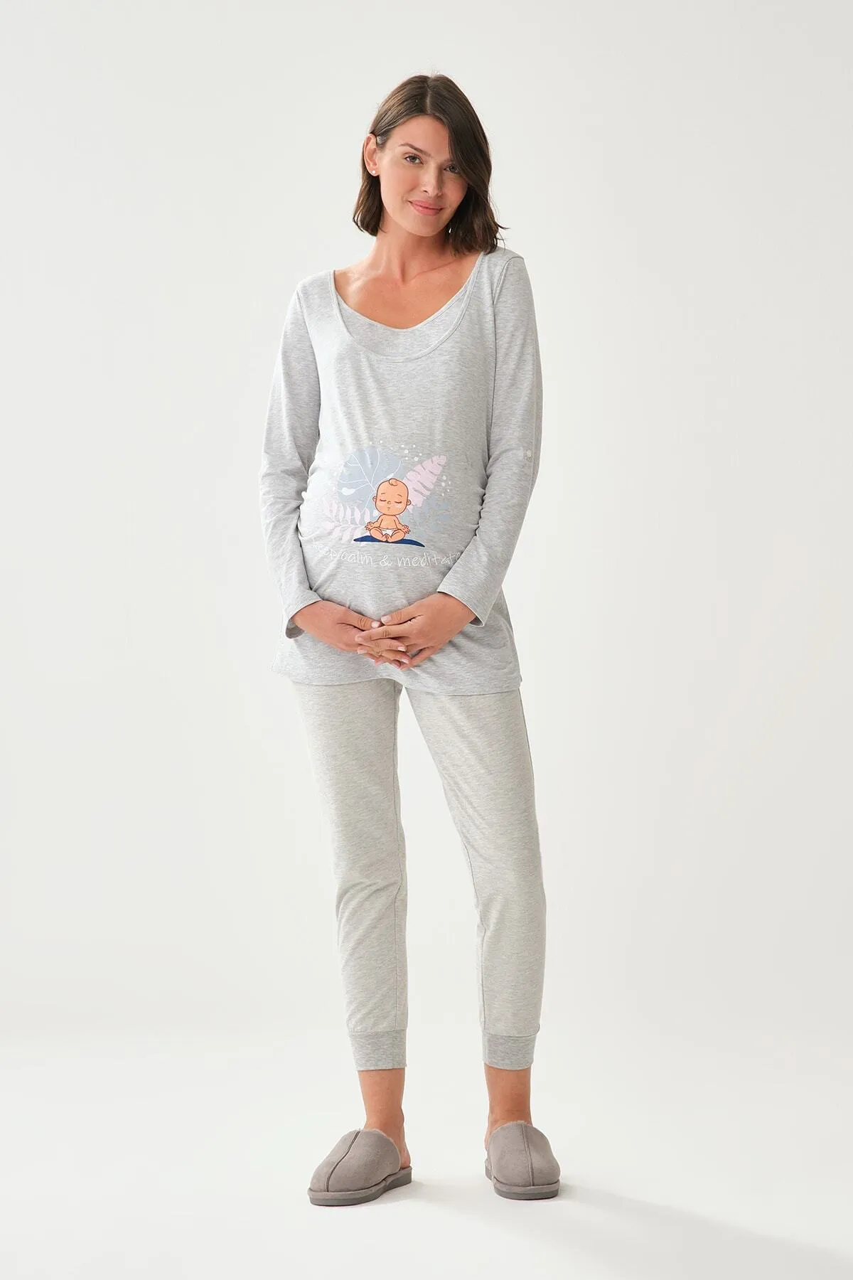 Dagi  Langärmliges Umstands-T-Shirt mit weitem Kragen in Grau-Melange