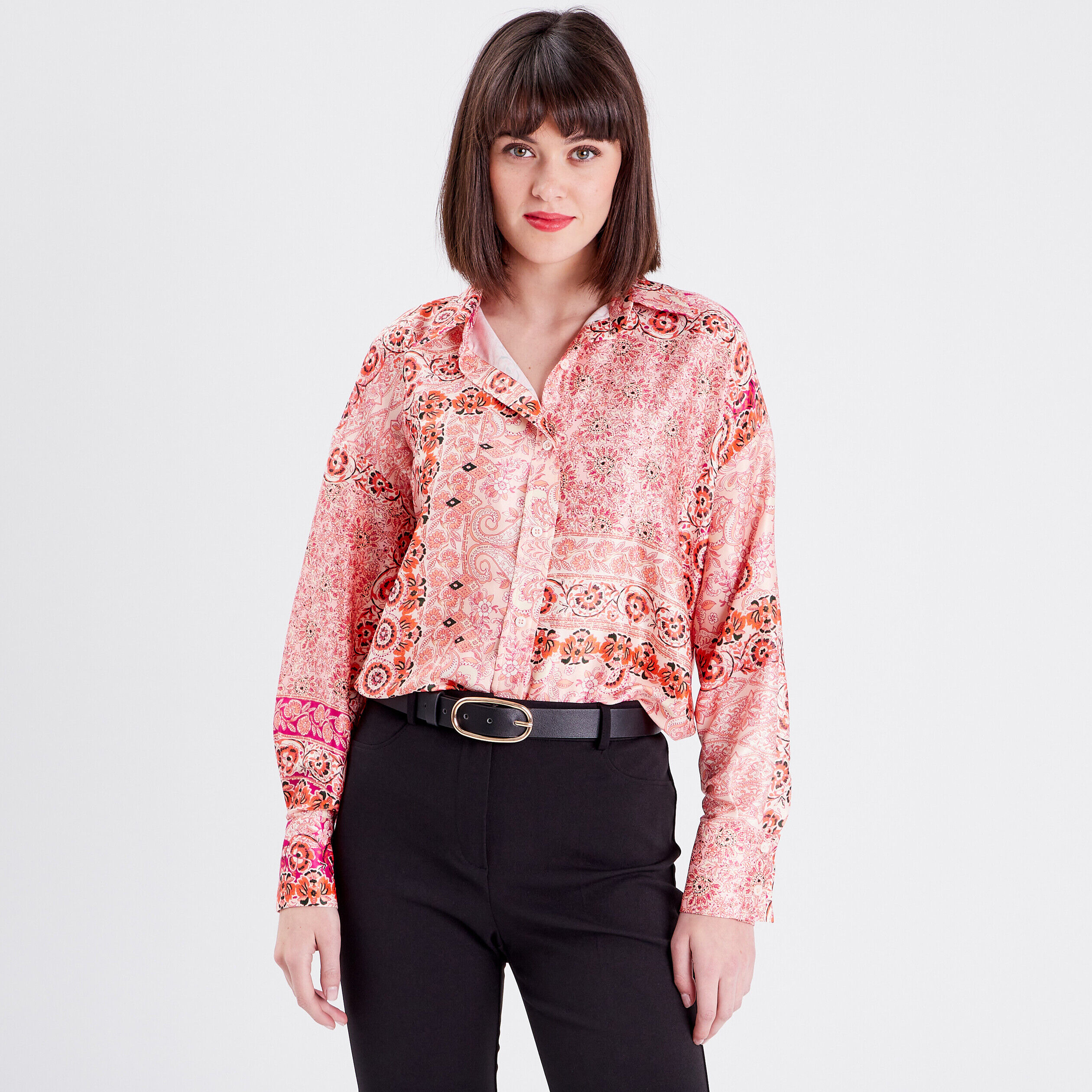 Chemise manches longues satin rose pastel femme | Cache Cache