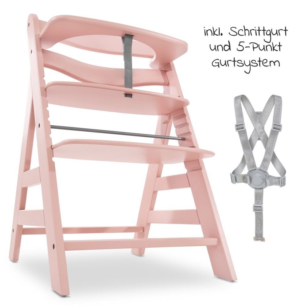 Hauck Hochstuhl Alpha Plus - Rose, Mitwachsender Holz Kinderhochstuhl verstellbar mit Schutzbügel & Gurt