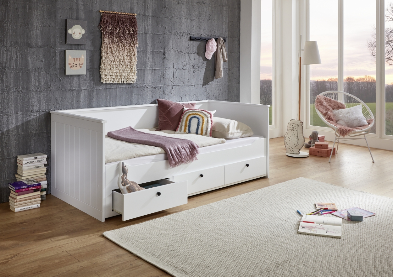 Relita Funktionsbett KIRA 90/180x200 inkl. Lattenrost und 3 Schubladen MDF weiß