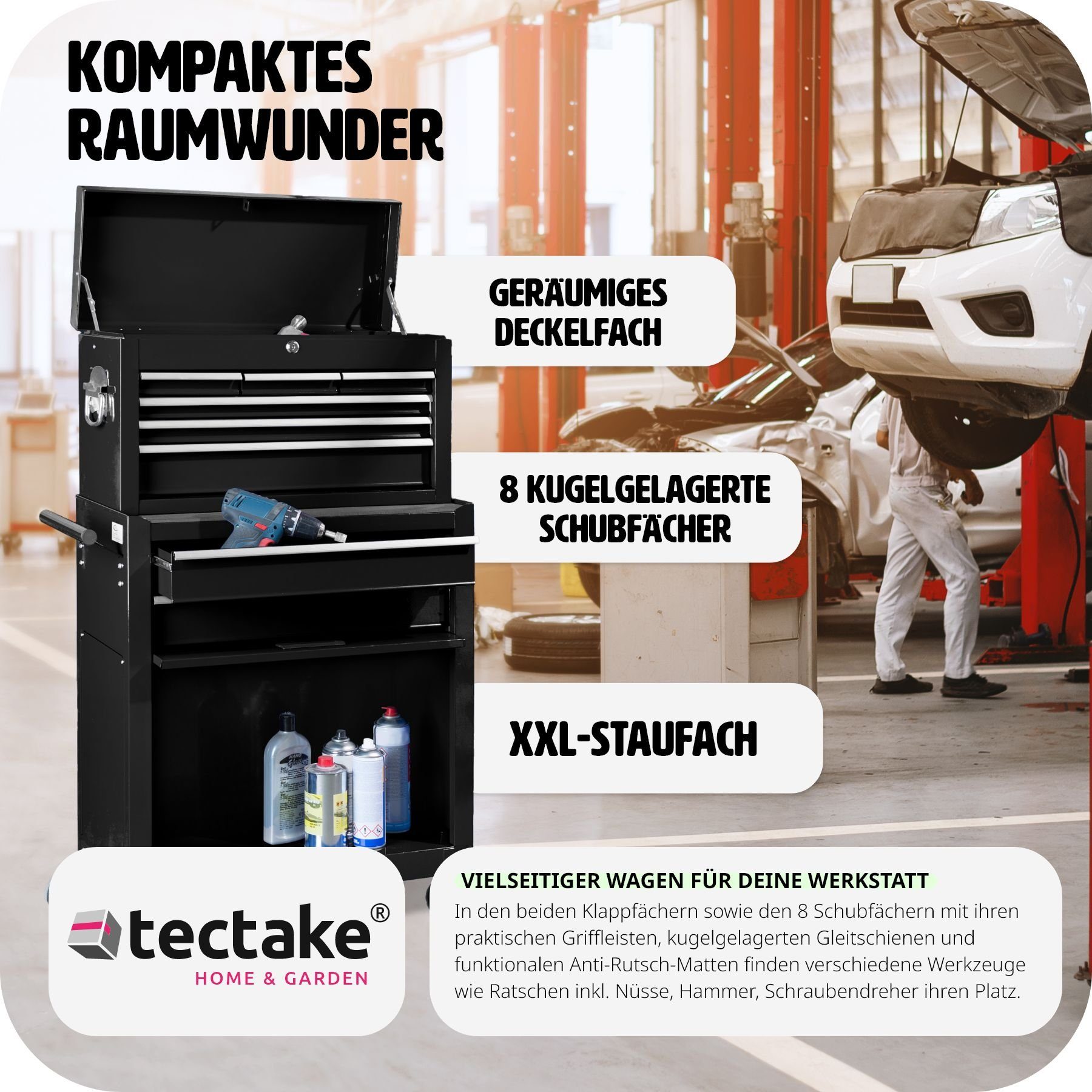 tectake Werkzeugwagen Werkzeugwagen mit 10 Fächern, schwarz