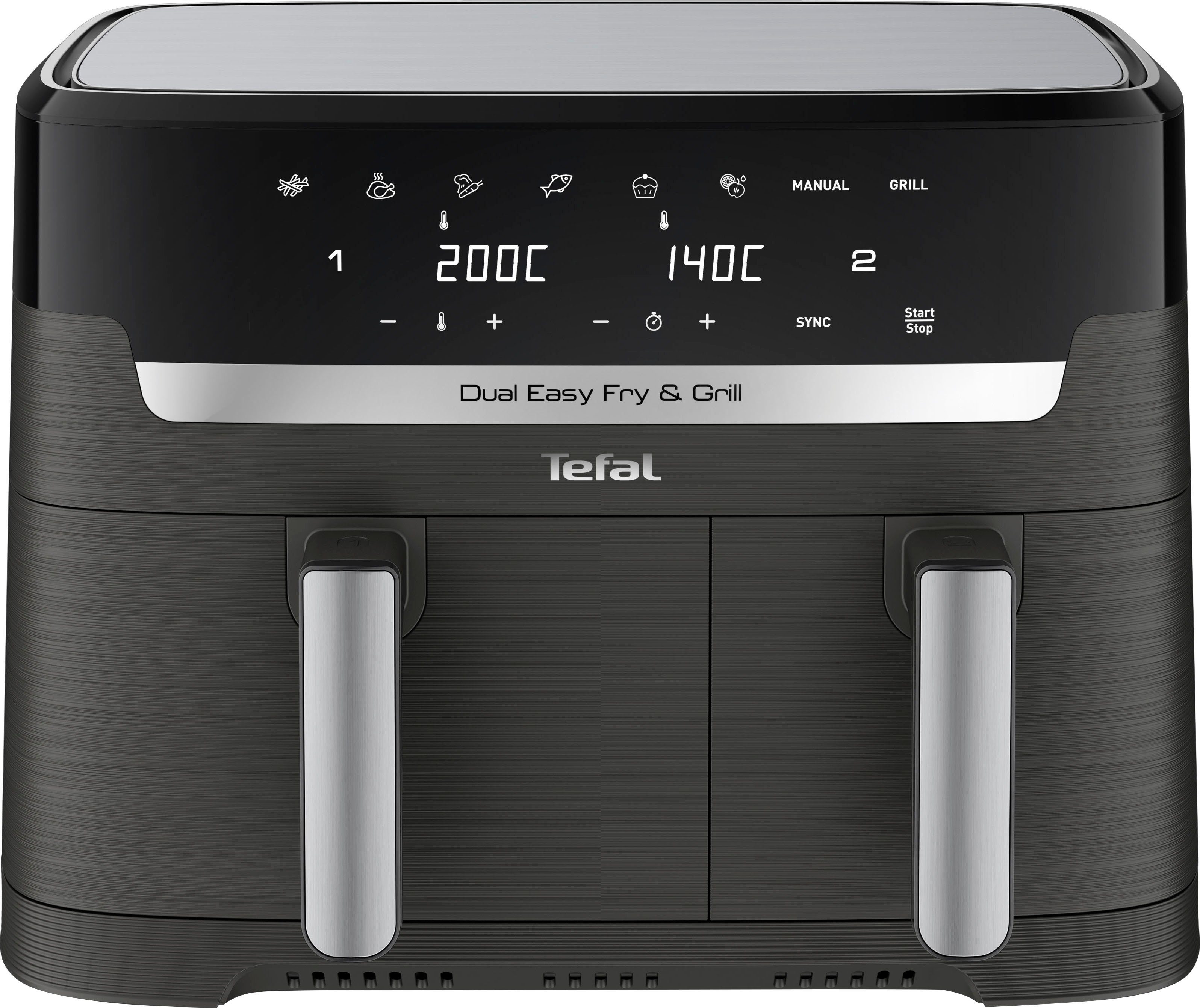 Tefal Heißluftfritteuse EY905B Dual Easy Fry & Grill Doppelkammer, 8,3 L Kapazität, 2 Laden, 2700 W, mit Hamburger Presse