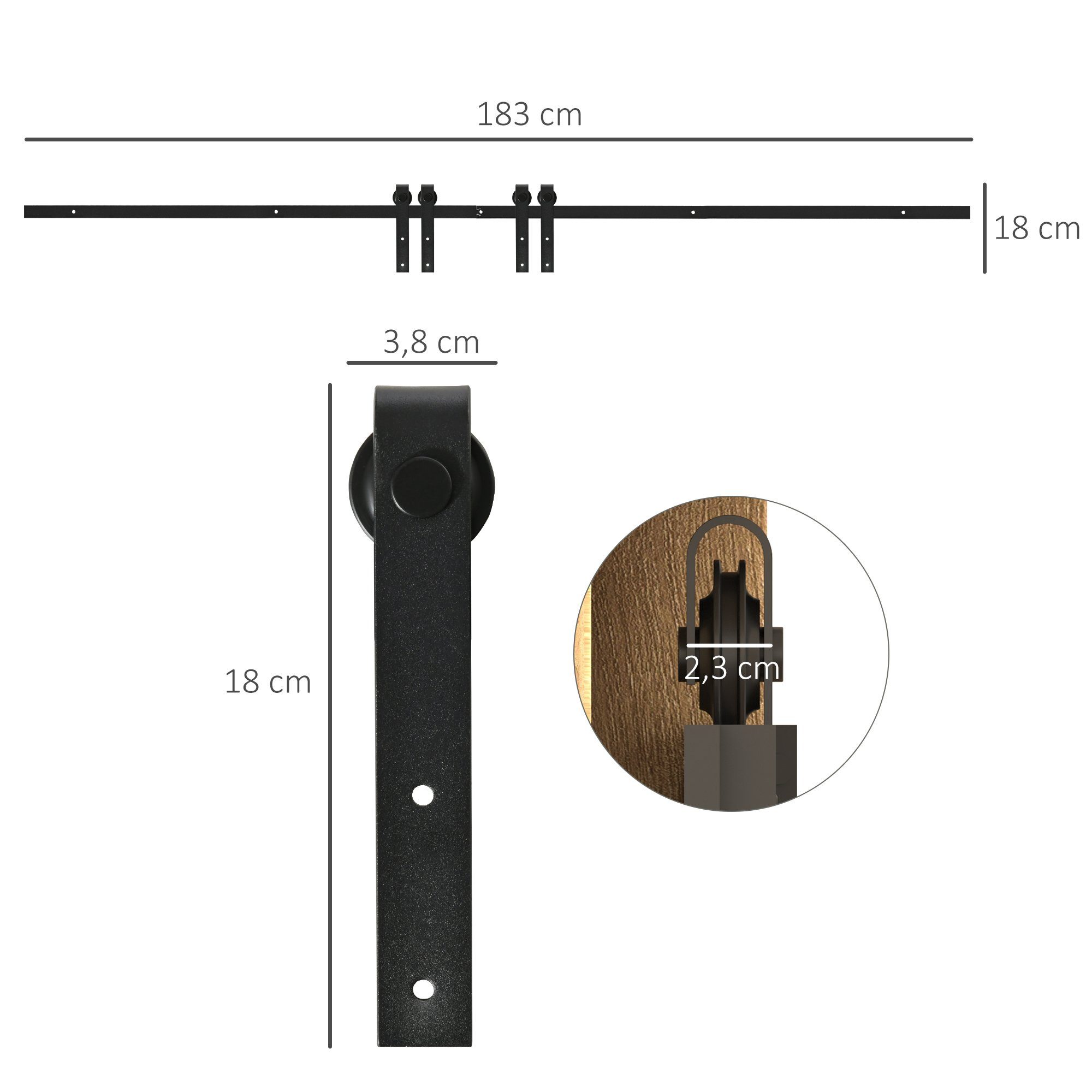 HOMCOM Türbeschlag Schiebetor (Set, 6 St., Schiebetürsystem), Laufschiene für doppelte Holztüren Kohlenstoffstahl Schwarz