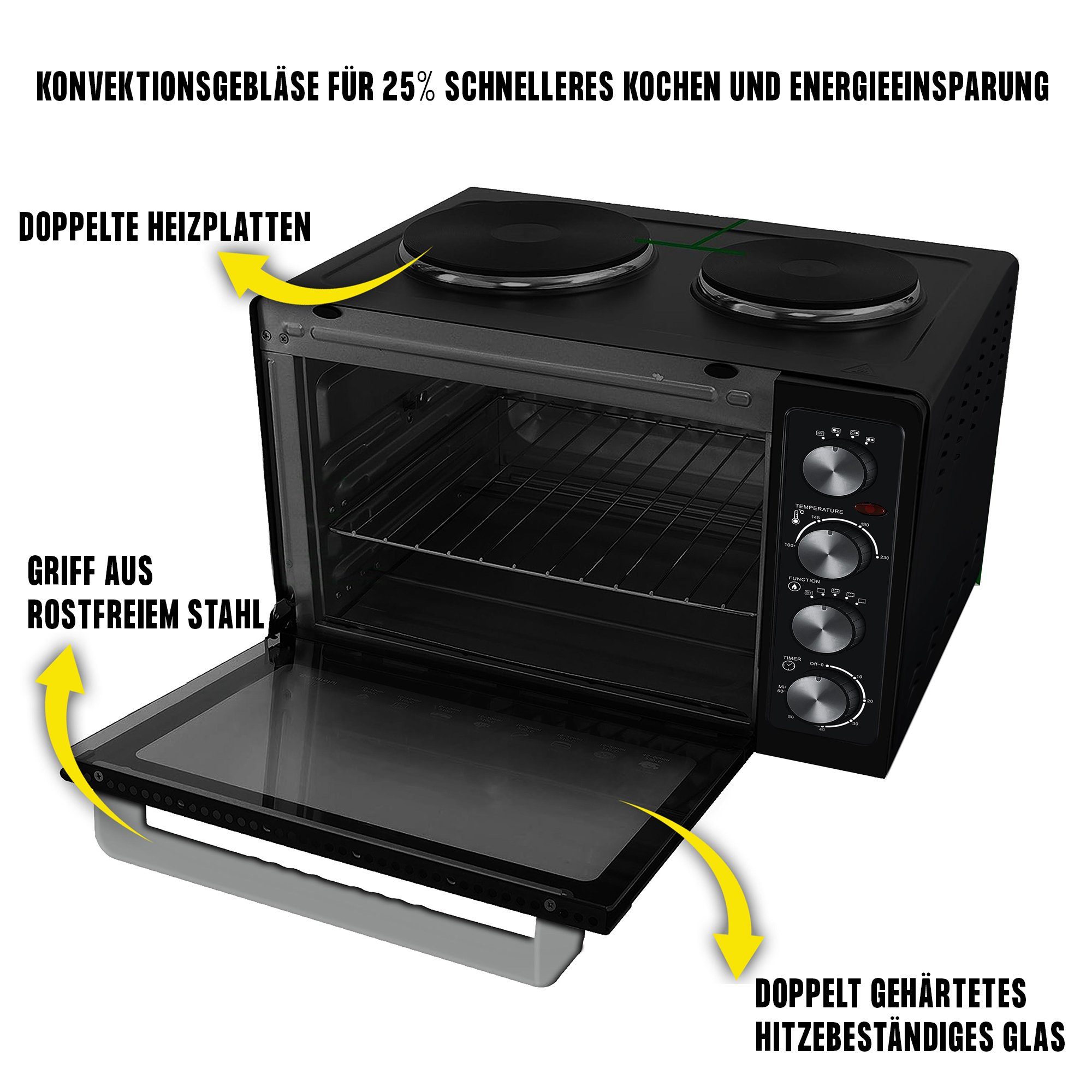 KB Elements Minibackofen ELK45V2, 45 Liter, 3200 Watt. 2x Kochplatten, Konvektionsgebläse