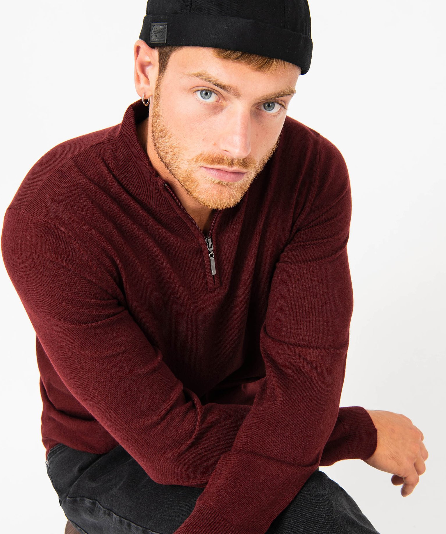 Pull col camionneur zippé en fine maille homme violet | GEMO