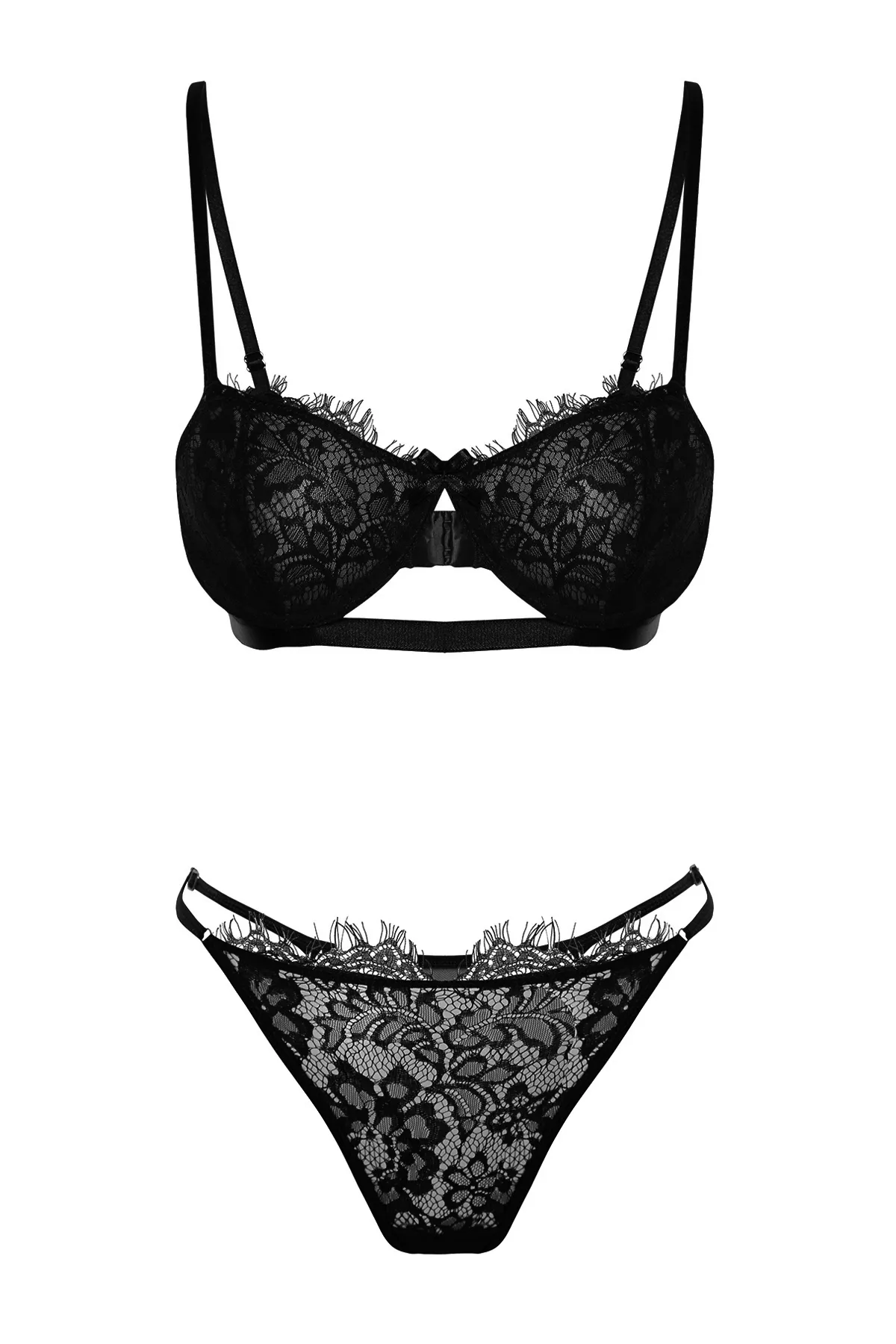 Trendyol Collection  Schwarzes Dessous-Set aus Strick mit Bügel und String-Trägern aus Spitze, ohne Kappe THMAW23CC00013