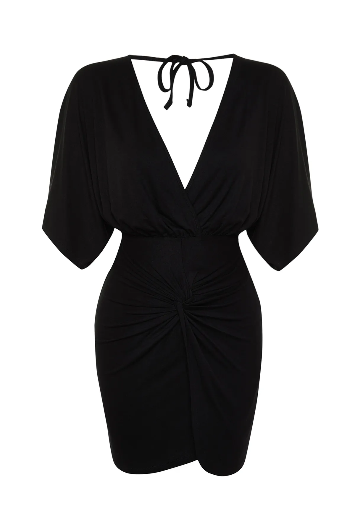 Trendyol Collection  Schwarzes, figurbetontes, gerafftes Mini-Strandkleid aus Strick TBESS24EL00109