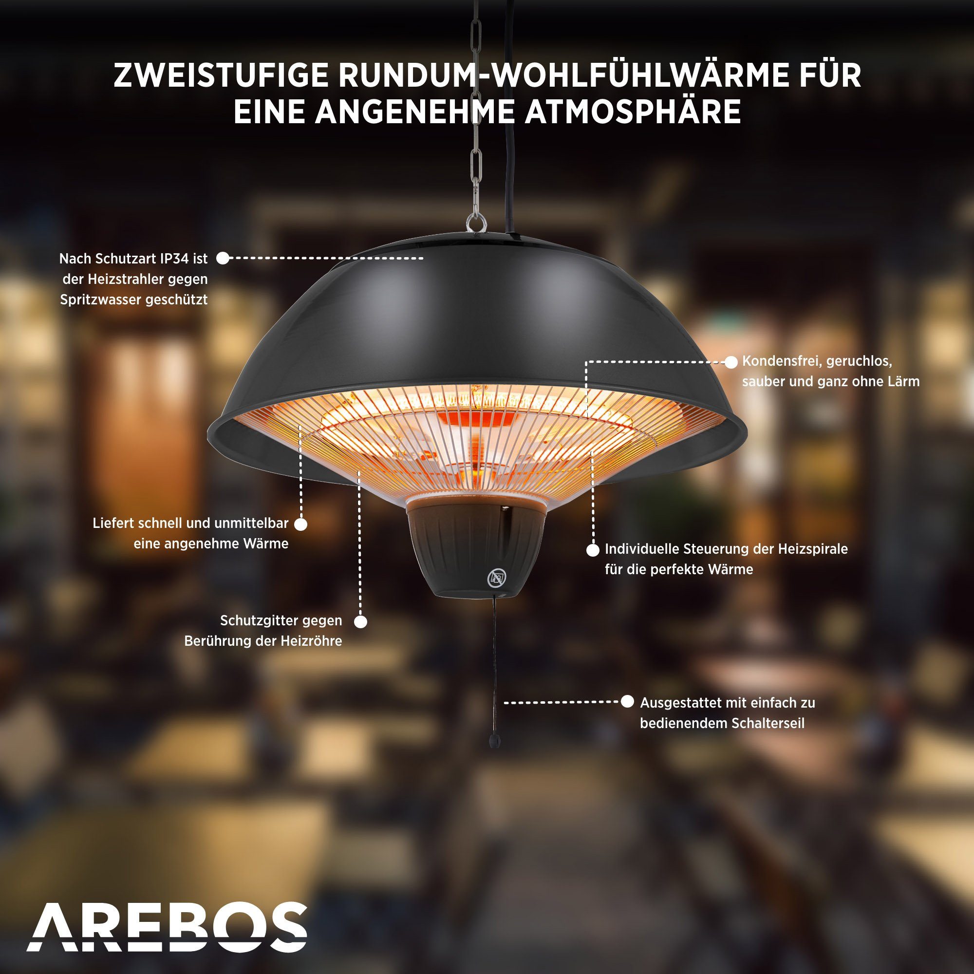 Arebos Heizstrahler Infrarot Deckenheizstrahler 1500 W, mit Zugschalter, Sofortwärme für einen Bereich von ca. 9 m²