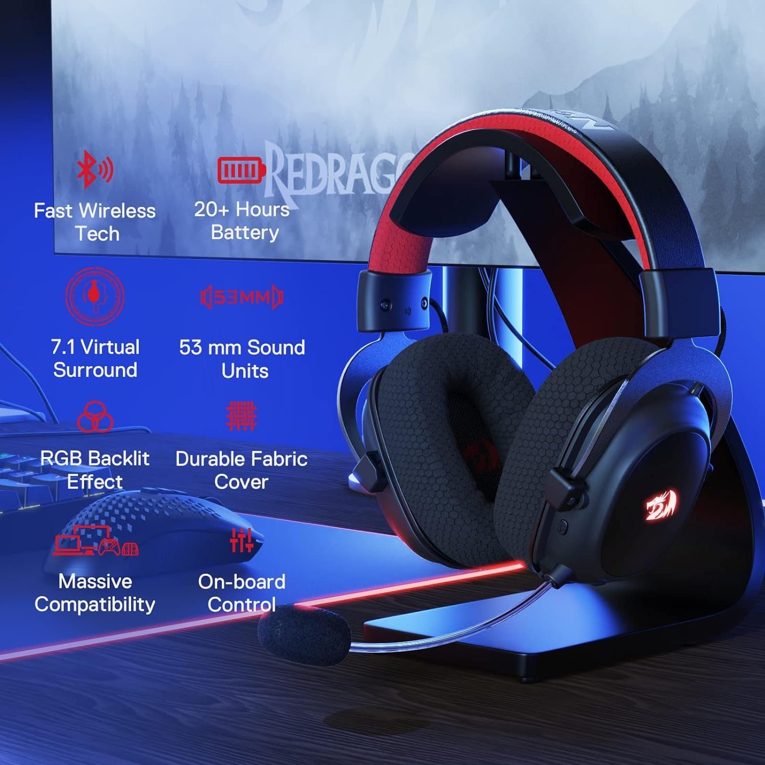 Redragon Redragon H510 Pro Geräuschunterdrückung RGB Kabelloses Gaming-Headset Gaming-Headset (Kabelgebubde, Wireless, Steuerung von Audio und Hintergrundbeleuchtung, 53-mm-Treiber)