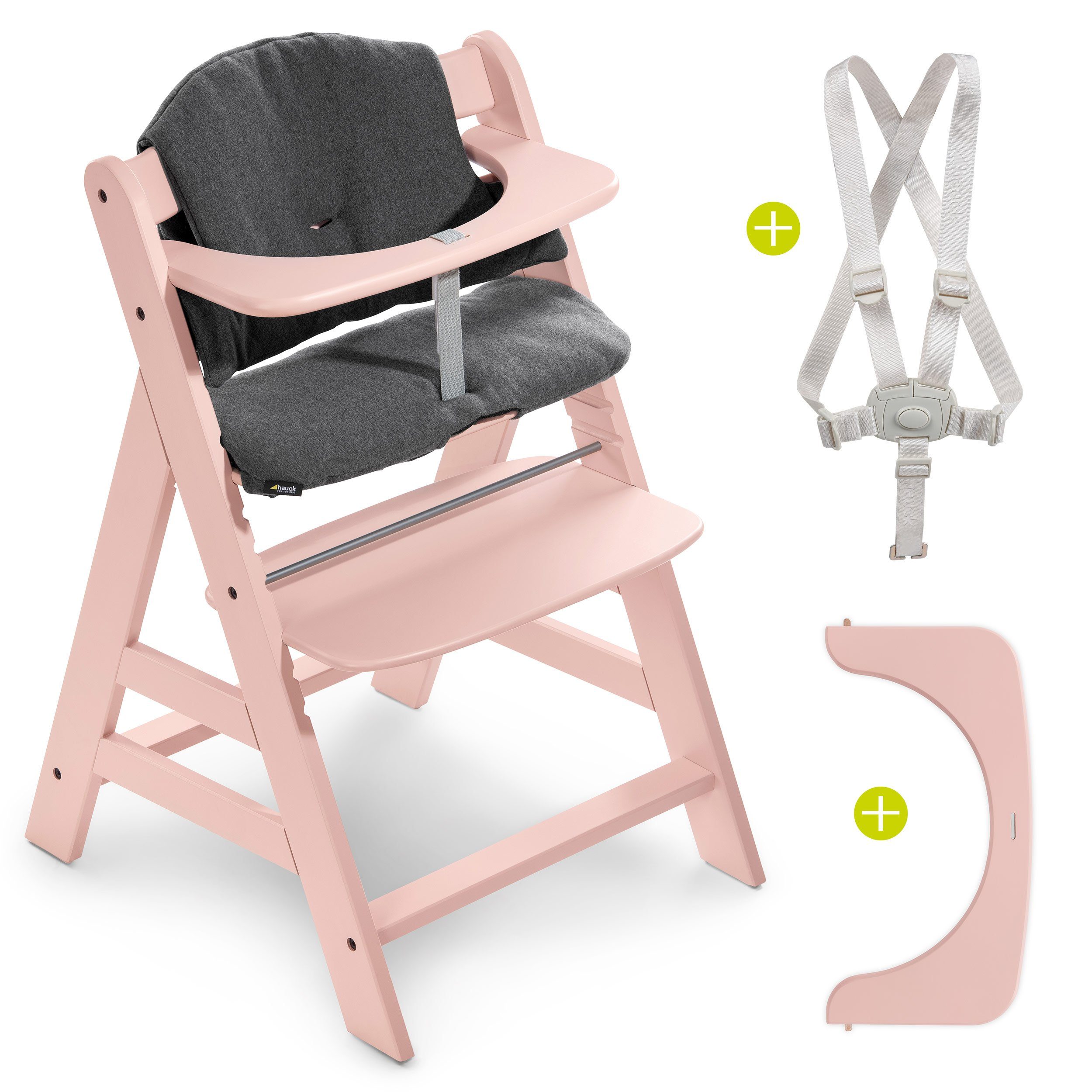 Hauck Hochstuhl Alpha Plus - Rosa (2 St), Mitwachsender Holz Kinderhochstuhl mit Sitzauflage höhenverstellbar