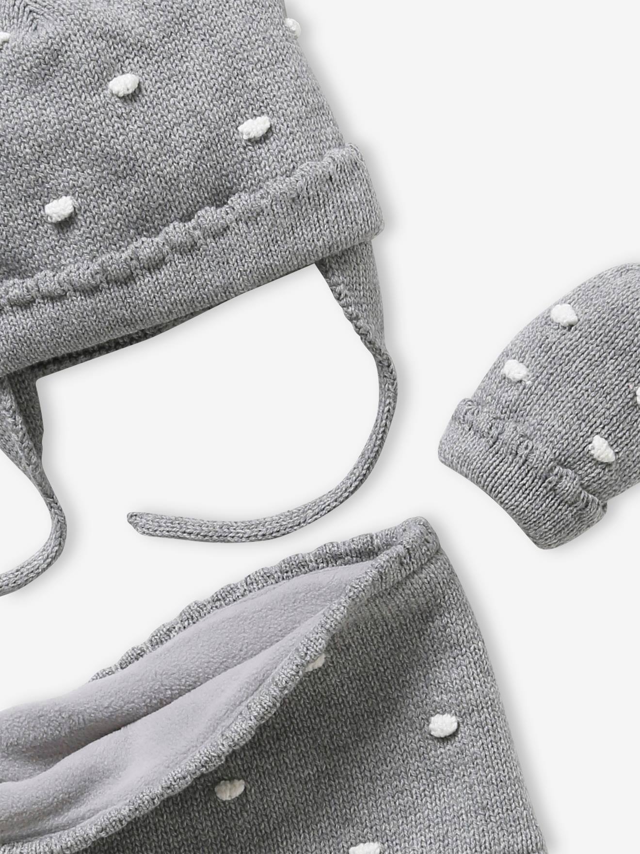 Vertbaudet Mädchen Baby-Set: Mütze, Rundschal & Fäustlinge, Tupfen - grau meliert