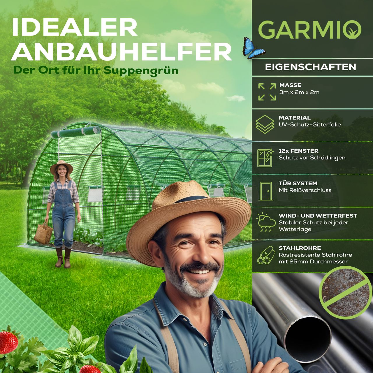 TroniTechnik GARMIO® Foliengewächshaus CARINI, Tomatenzelt, winterfest, 6x3x2m, Frühbeet, Pflanzenhaus
