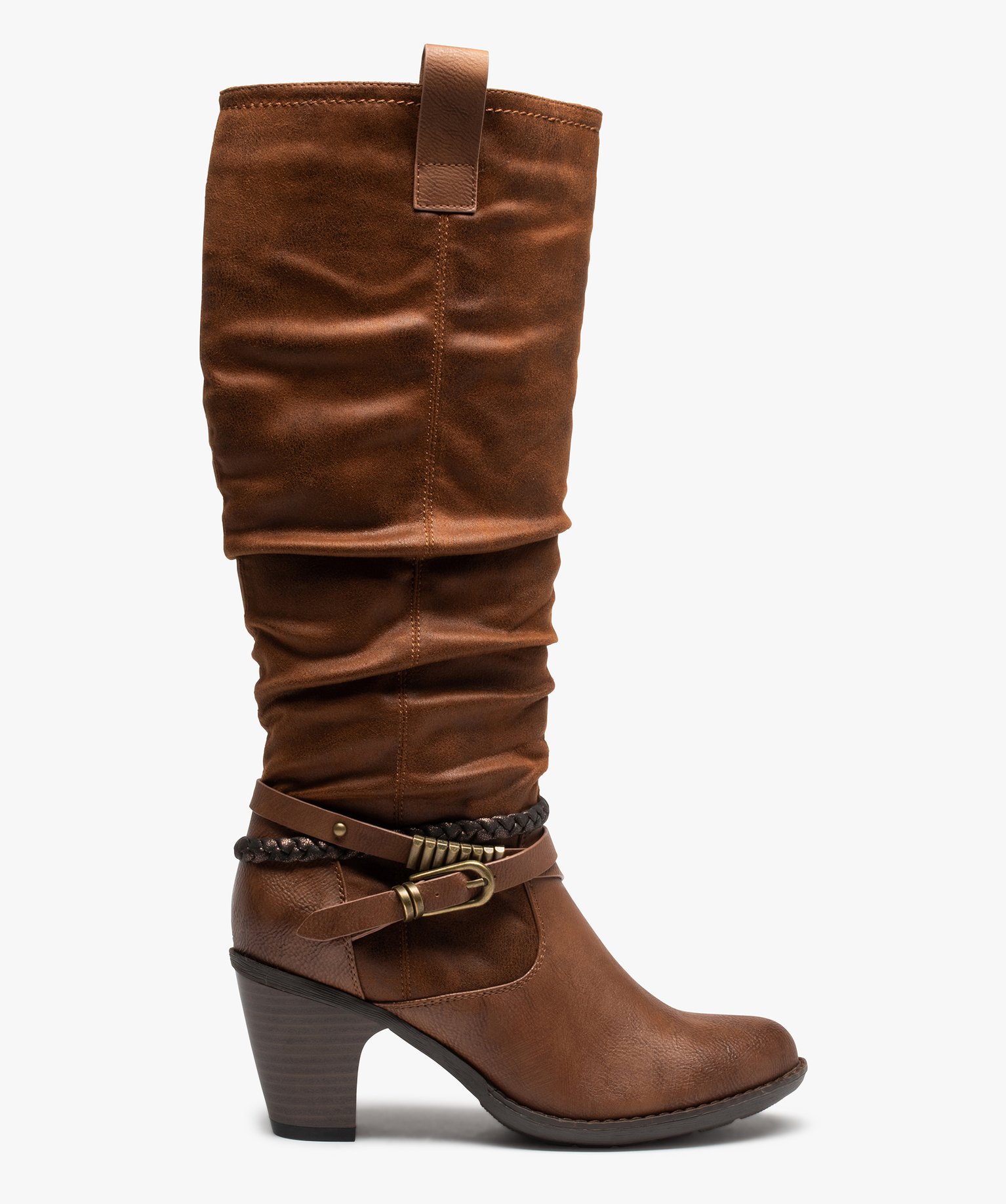 Bottes femme à talon rainuré et brides fantaisie camel | GEMO