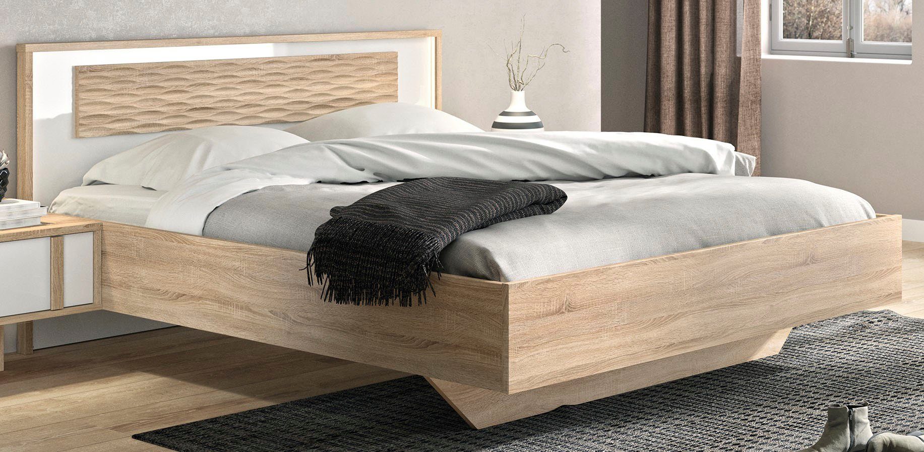Gami Schlafzimmer-Set Curtys, (6-St., 1x Bett, 2x hängende Nachttische, 1x Kommode und 2x Wandregal)