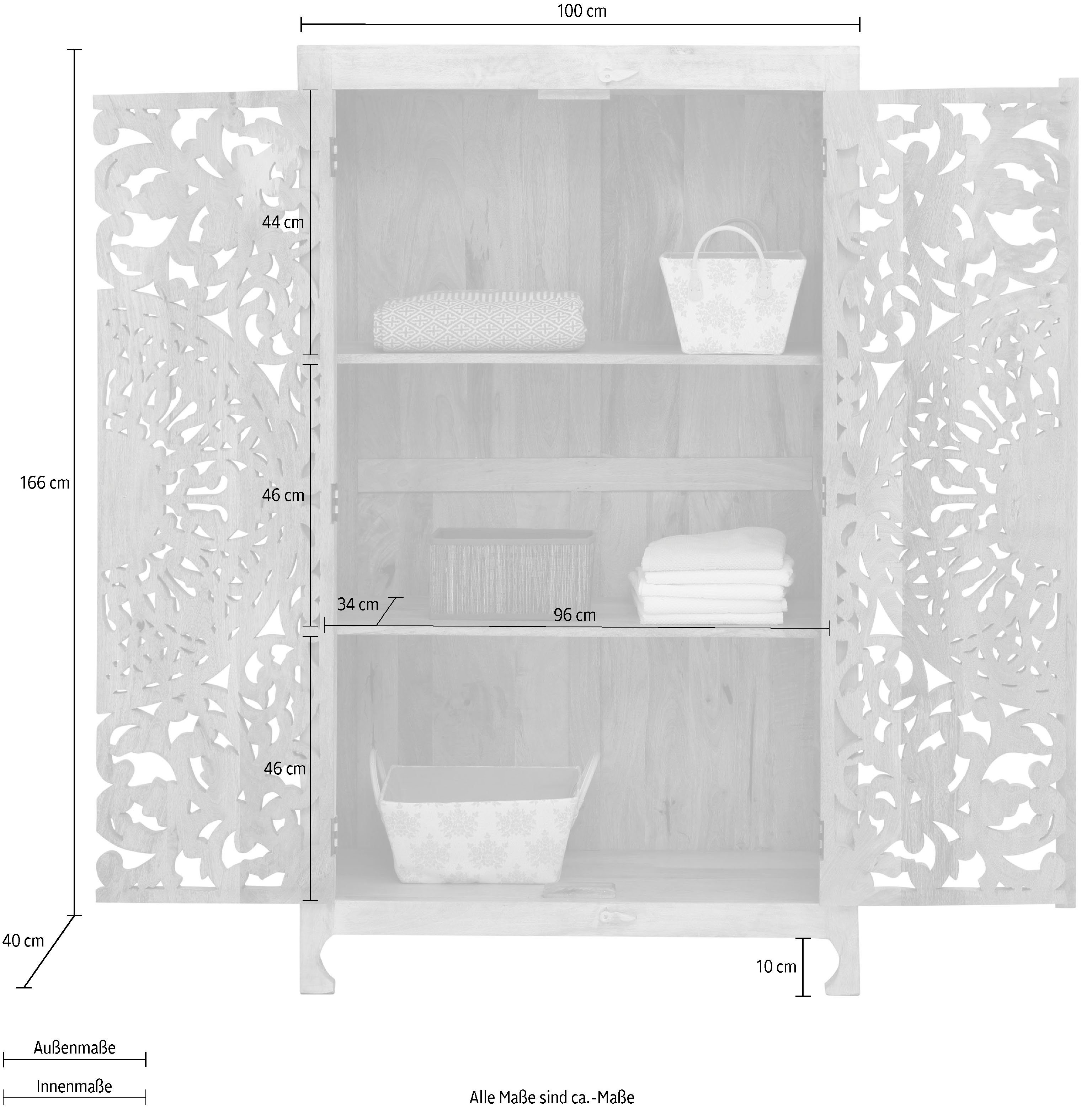 Home affaire Stauraumschrank Kenmare Mangoholz, dekorative Schnitzereien, Breite 100 cm