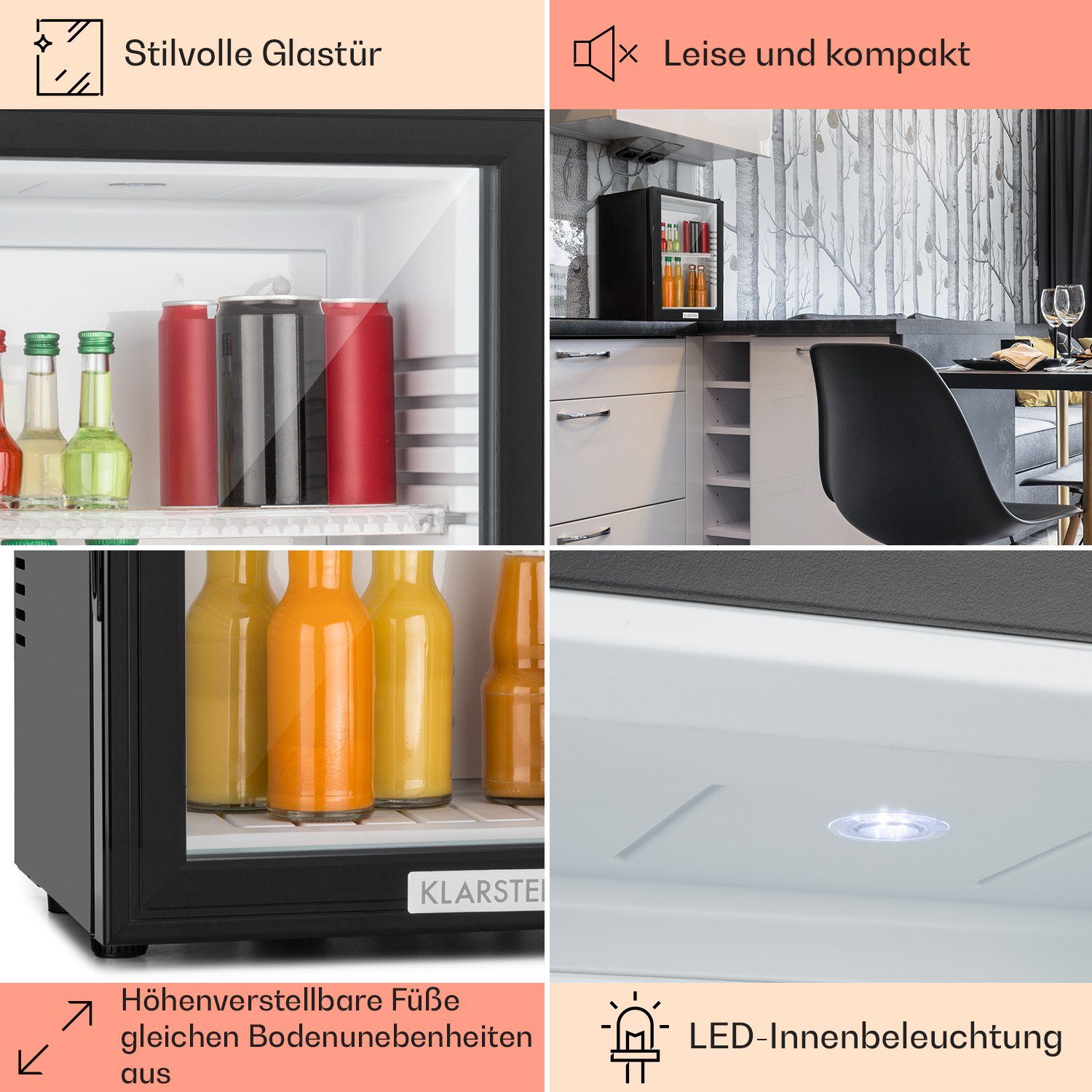 Klarstein Table Top Kühlschrank HEA-MKS-12 10005439A, 47 cm hoch, 38 cm breit, Hausbar Minikühlschrank ohne Gefrierfach Glastür klein Kühlschrank
