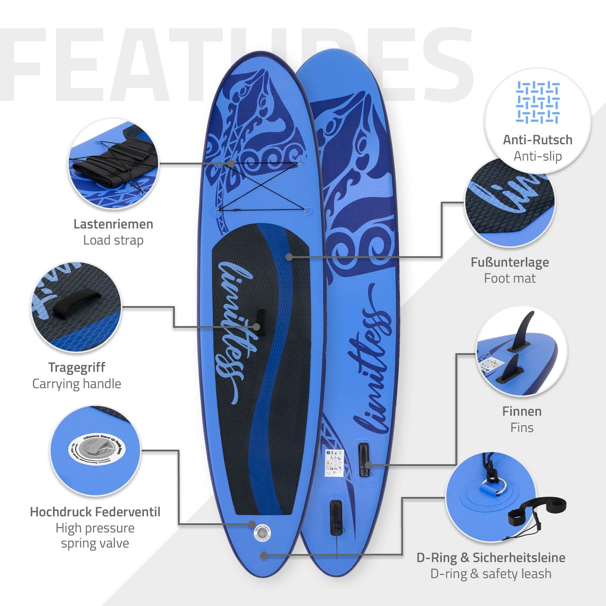 ECD Germany SUP-Board Aufblasbares Stand Up Paddle Board Limitless Paddelboard Surfboard, Blau 308x76x10cm PVC bis 120kg Tragetasche Zubehör Komplett Set