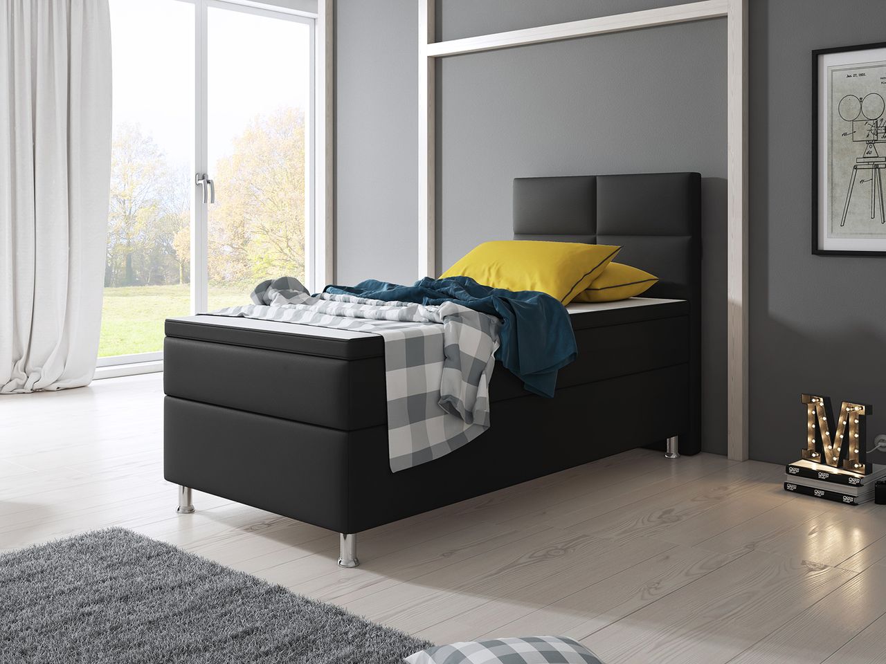 IHG Boxspringbett Miami 90x200 cm Kunstleder Schwarz