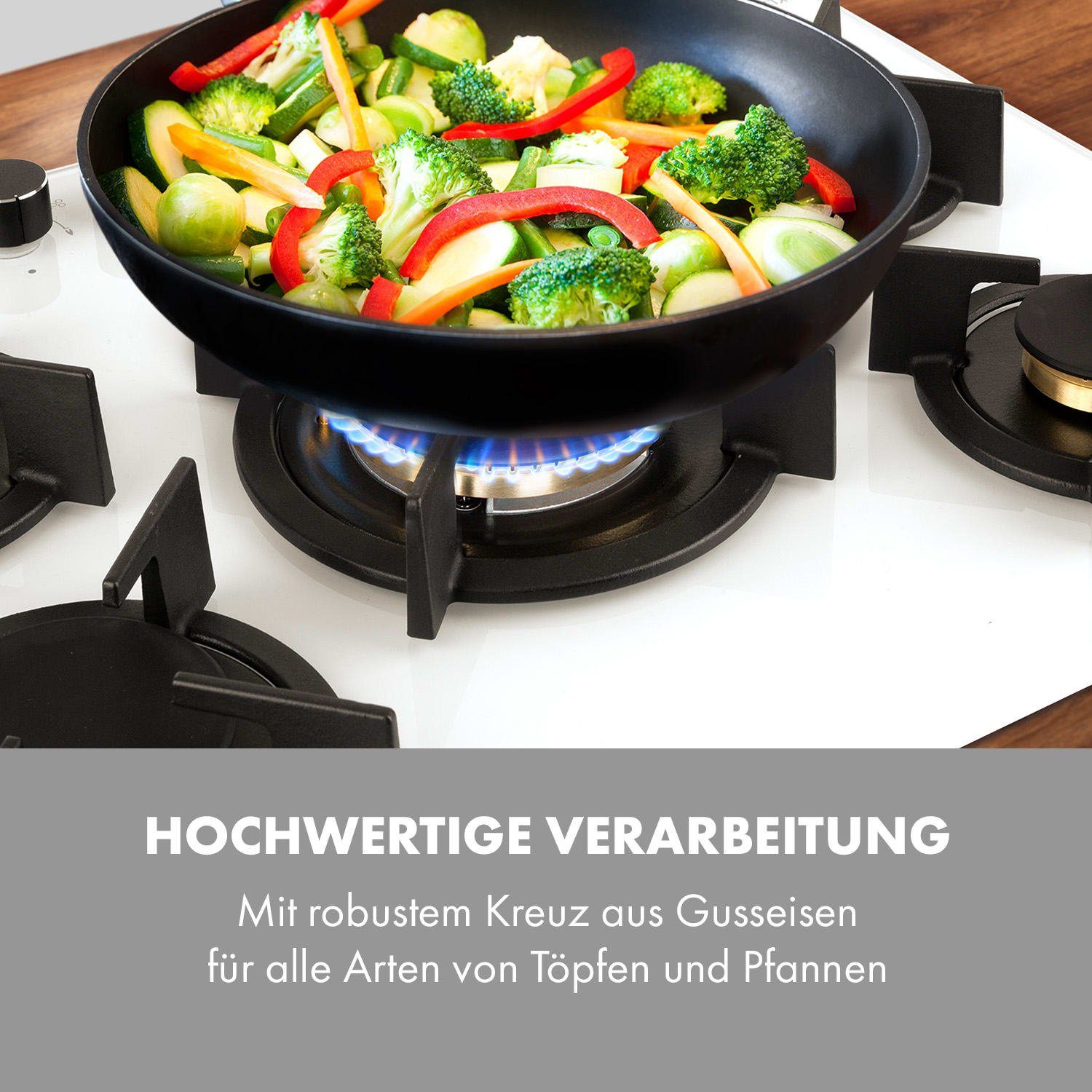 Klarstein Gas-Kochfeld Goldflame 5 Gaskochfeld 5-flammig Messing-Brenner Glaskeramik CP11-Goldflame-5-W, Einbau Gas Kochfeld 5 Platten Herdplatte Kochplatte Einbaukochfeld