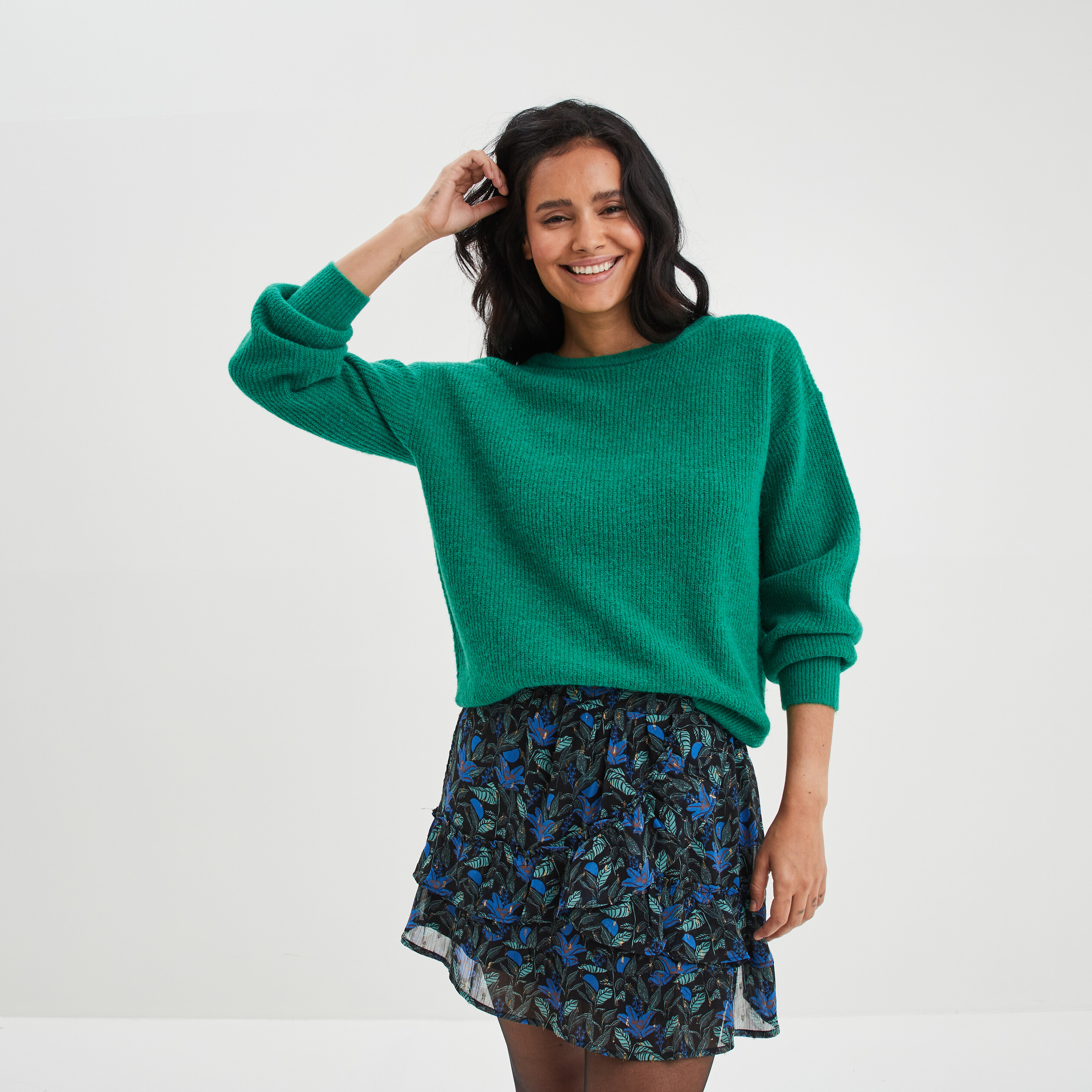 Pull réversible dos col en V vert émeraude femme | La Halle