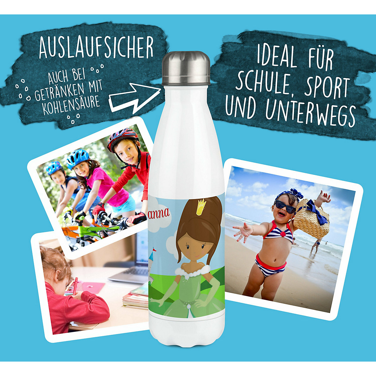 Edelstahl Kinder Thermoflasche / Trinkflasche bunt Prinzessin Spülmaschinenfest, Auslaufsicher, Bruchfest, Doppelwandig, Für Heißgetränke geeignet, Mit Deckel, Isoliert